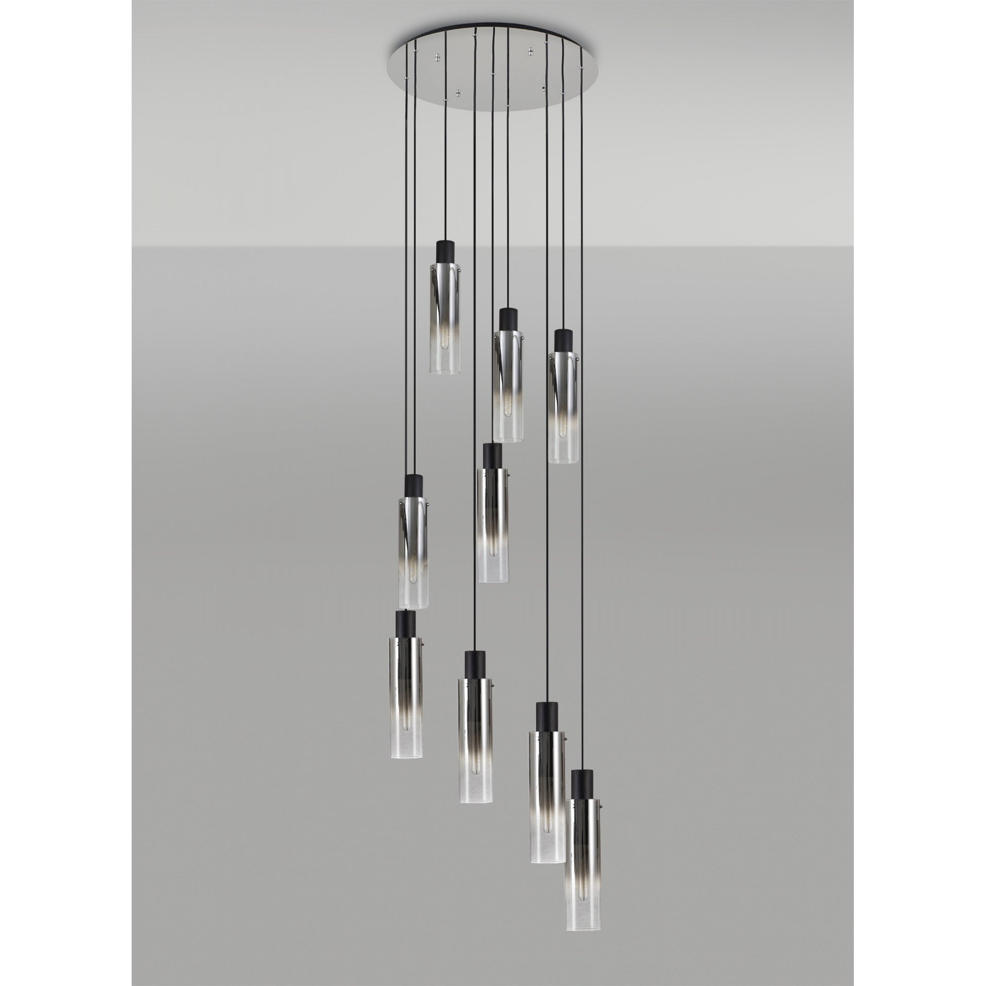 Fabula Kingfisher Adjustable 9 Light Round Pendant - Black & Smoke Fade Glass