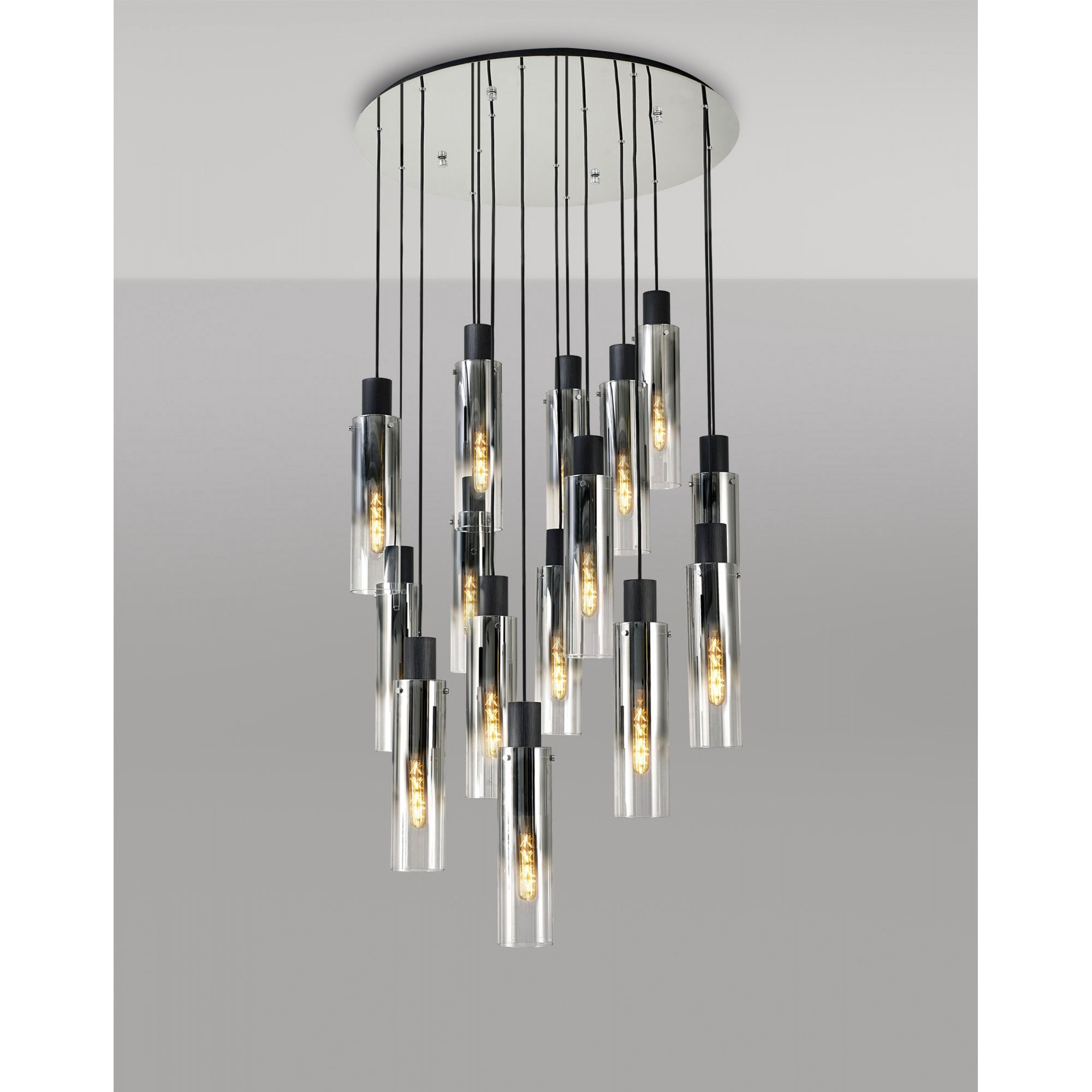 Fabula Kingfisher Adjustable 15 Light Round Pendant - Black & Smoke Fade Glass