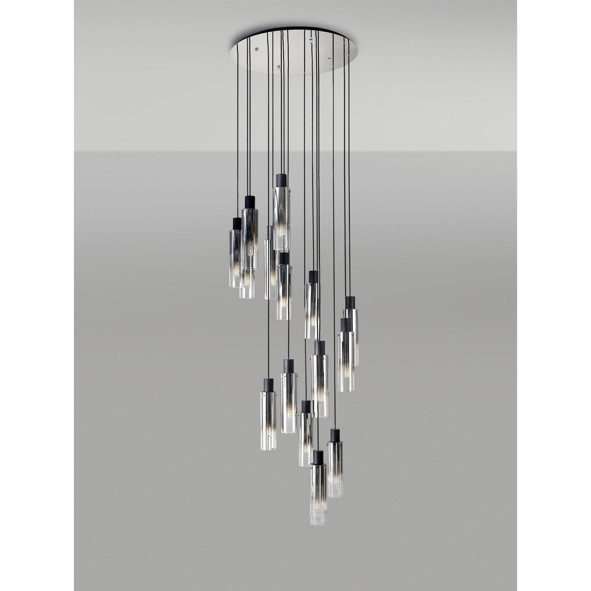 Fabula Kingfisher Adjustable 15 Light Round Pendant - Black & Smoke Fade Glass