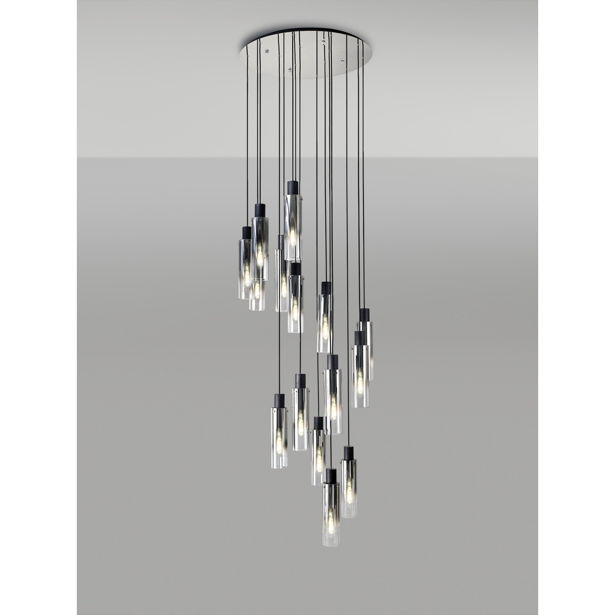 Fabula Kingfisher Adjustable 15 Light Round Pendant - Black & Smoke Fade Glass
