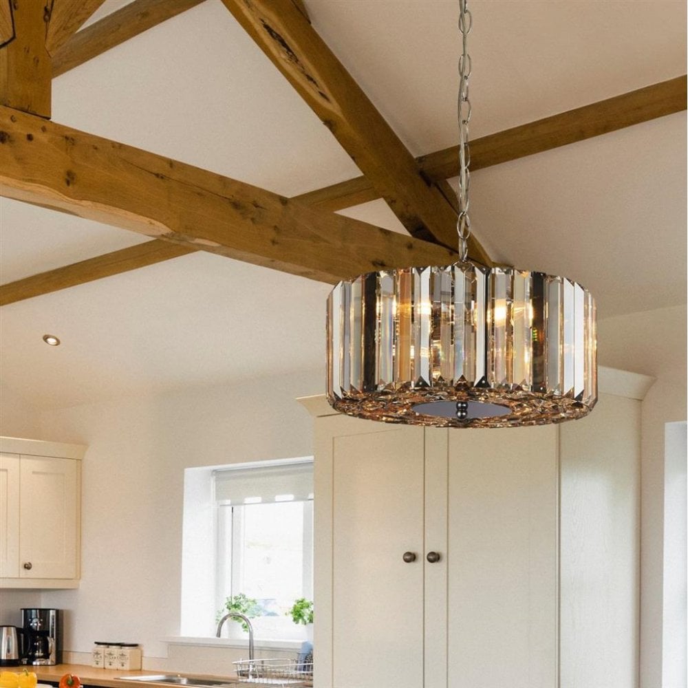 Searchlight Cameron 3 Light Pendant/Semi-Flush- Amber, Smoke & Clear Crystal