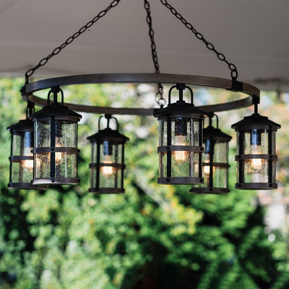 Quintiesse Lakehouse 6 Light Outdoor Chandelier - Aged Zinc with Driftwood Grey