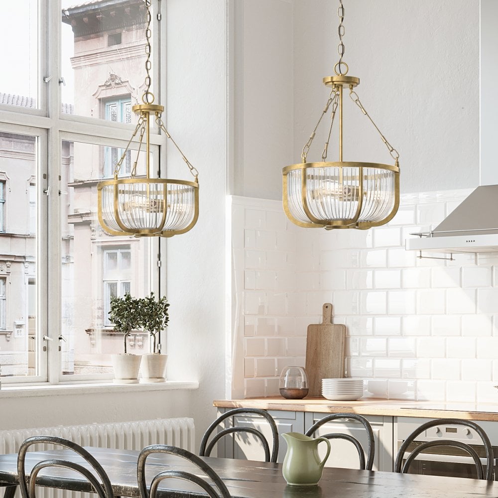 Quintiesse Roux 3 Light Pendant / Semi-Flush - Natural Brass