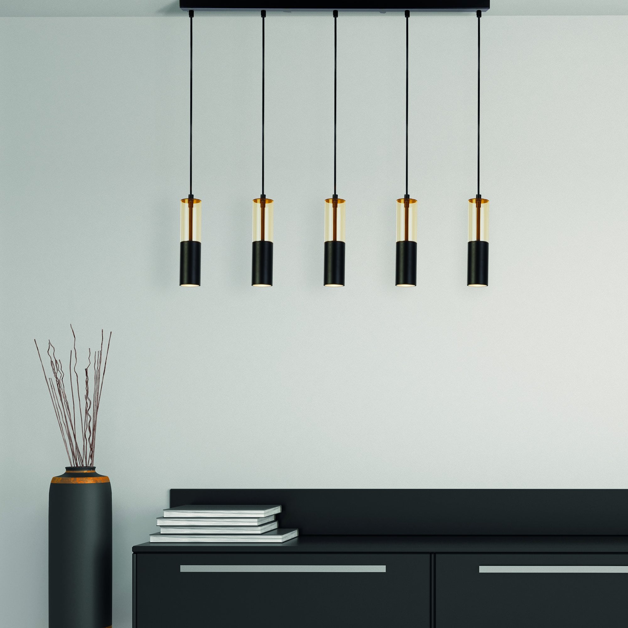 Searchlight Maud 5 Light Bar Ceiling Pendant - Amber Acrylic & Black