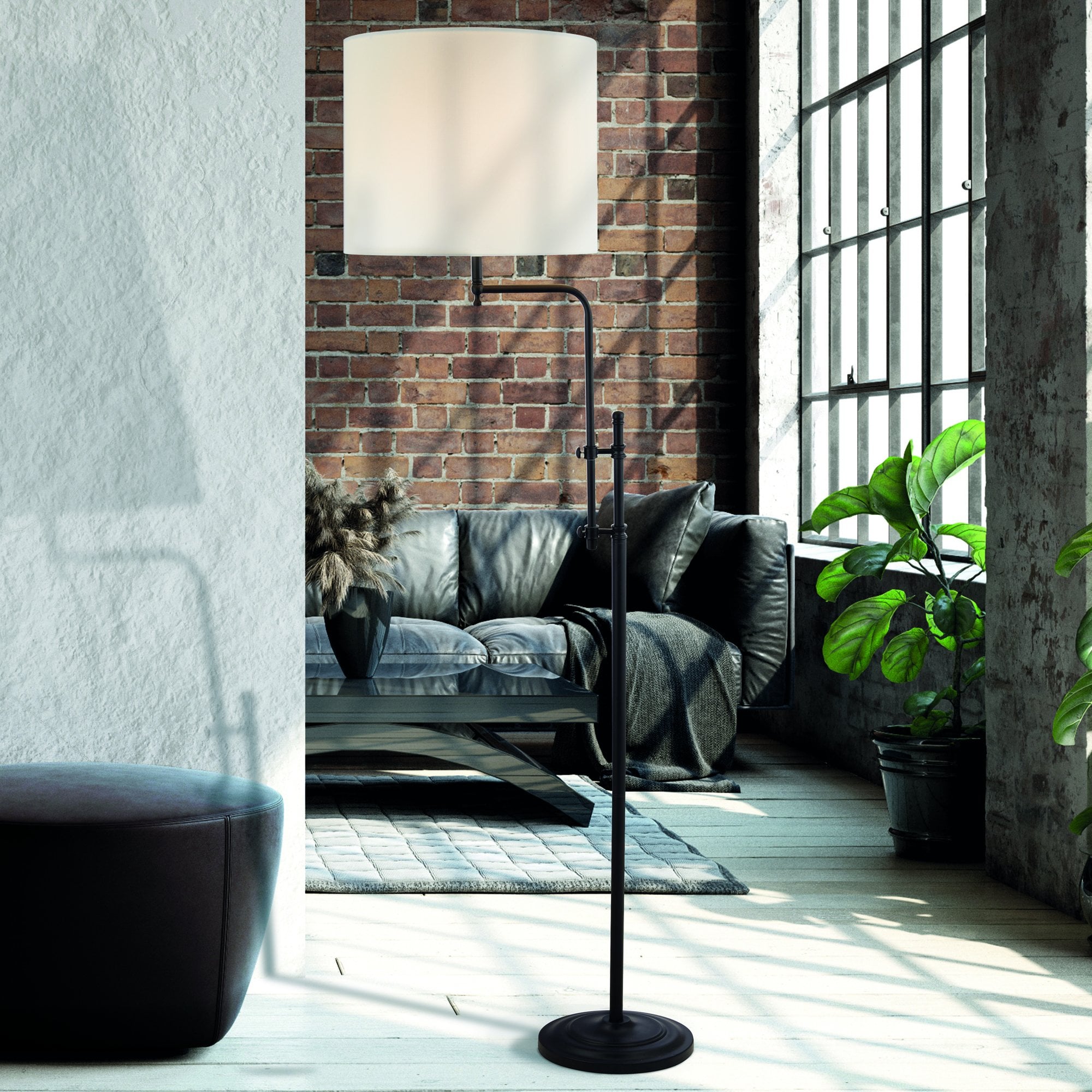 Searchlight Miles Adjustable Floor Lamp - Matt Black & Linen Shade