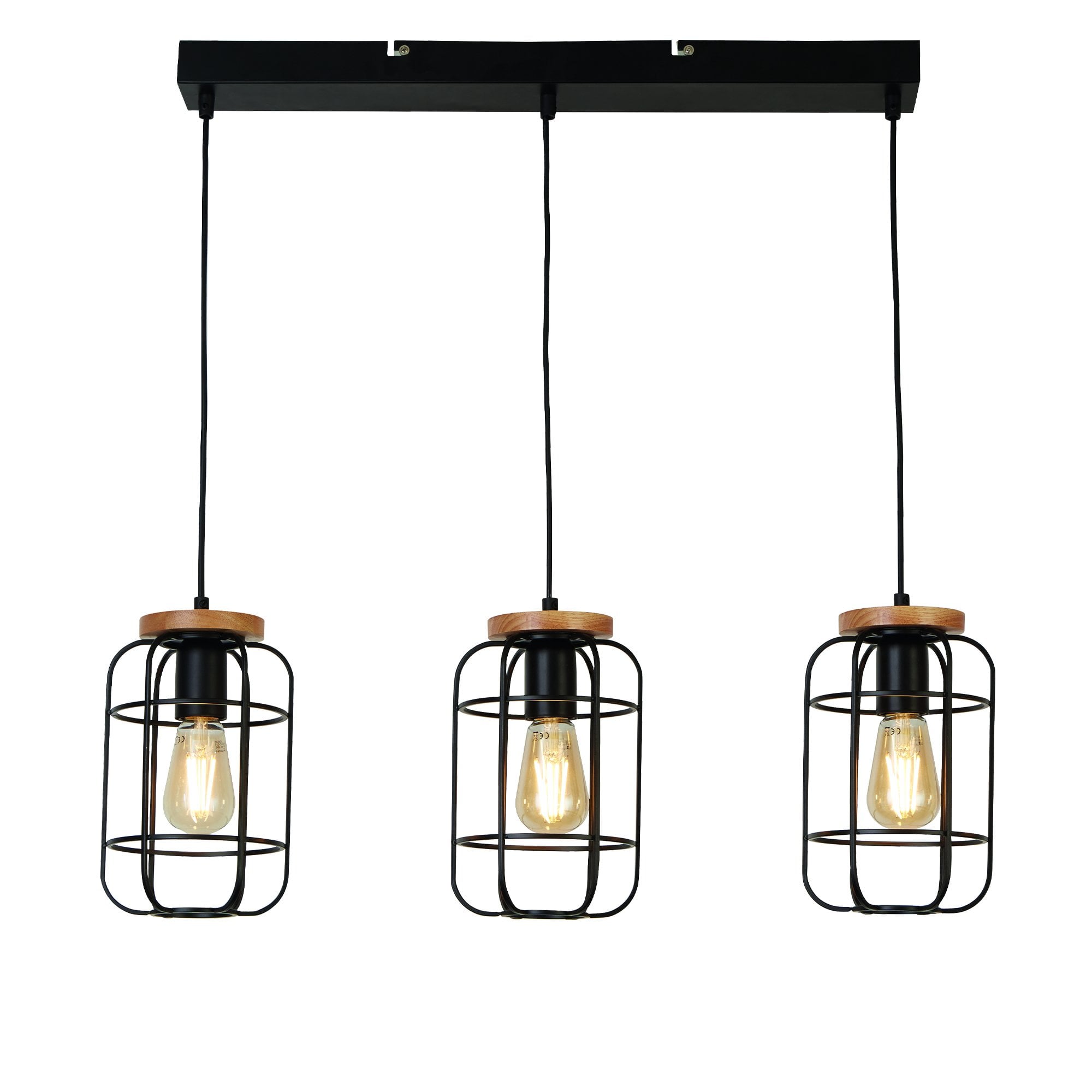 Searchlight Vermouth 3 Light Cage Bar Ceiling Pendant - Matt Black & Wood