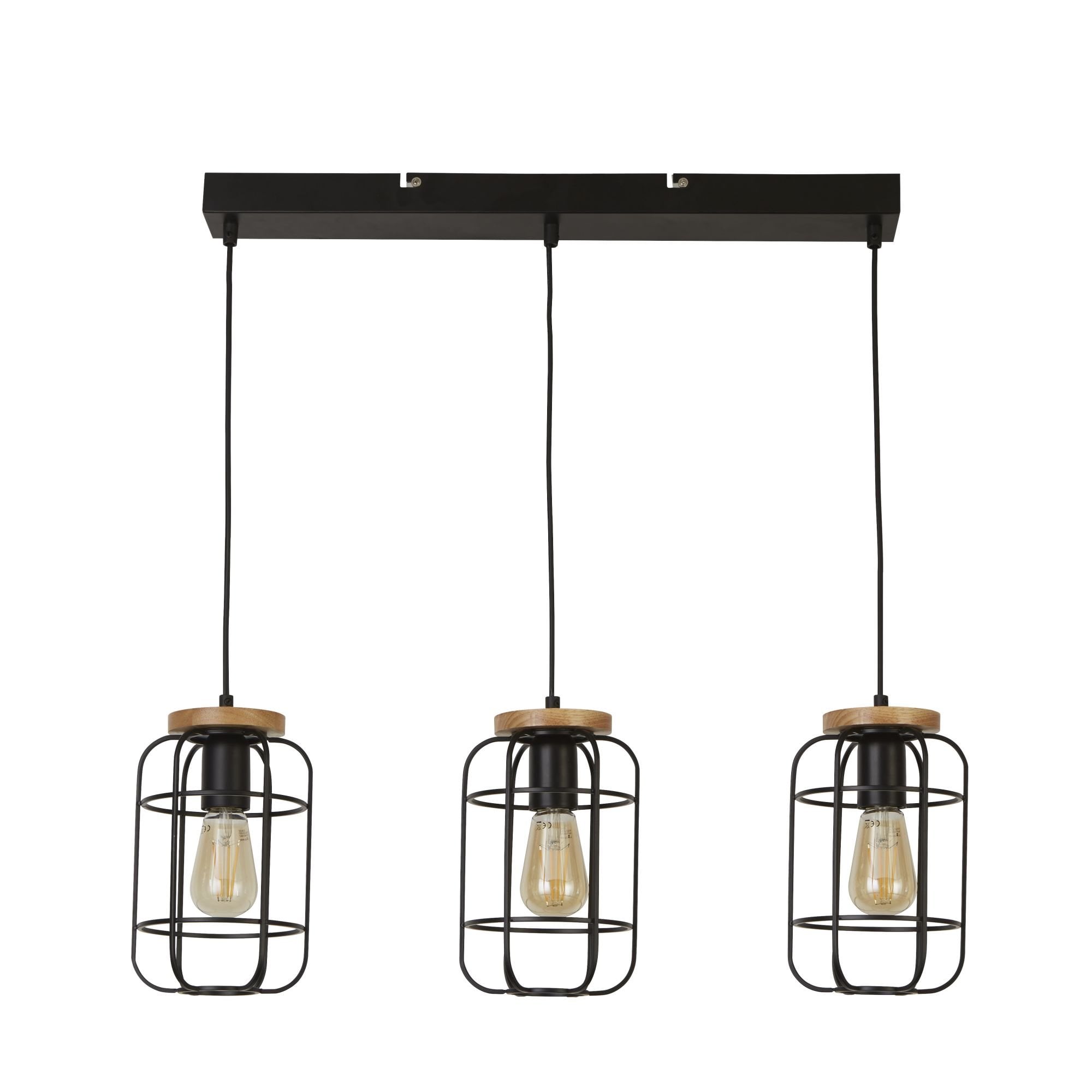 Searchlight Vermouth 3 Light Cage Bar Ceiling Pendant - Matt Black & Wood