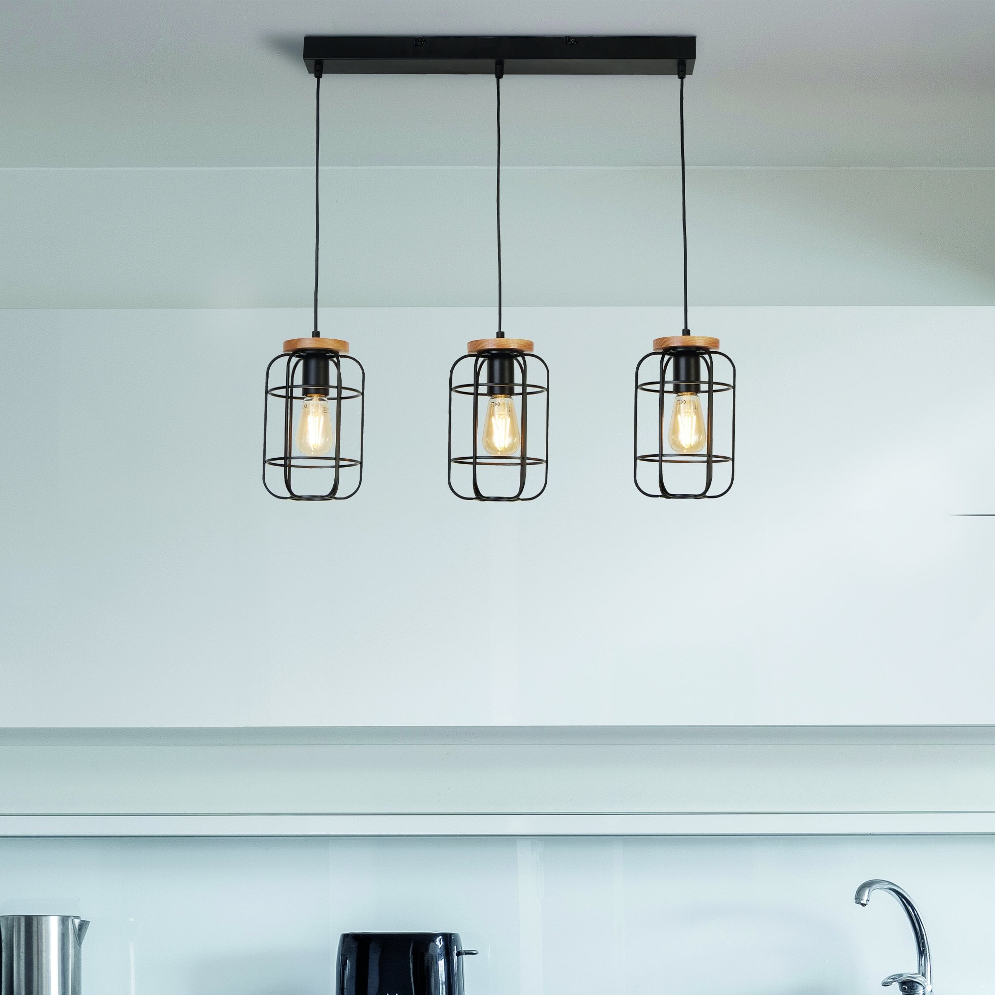 Searchlight Vermouth 3 Light Cage Bar Ceiling Pendant - Matt Black & Wood