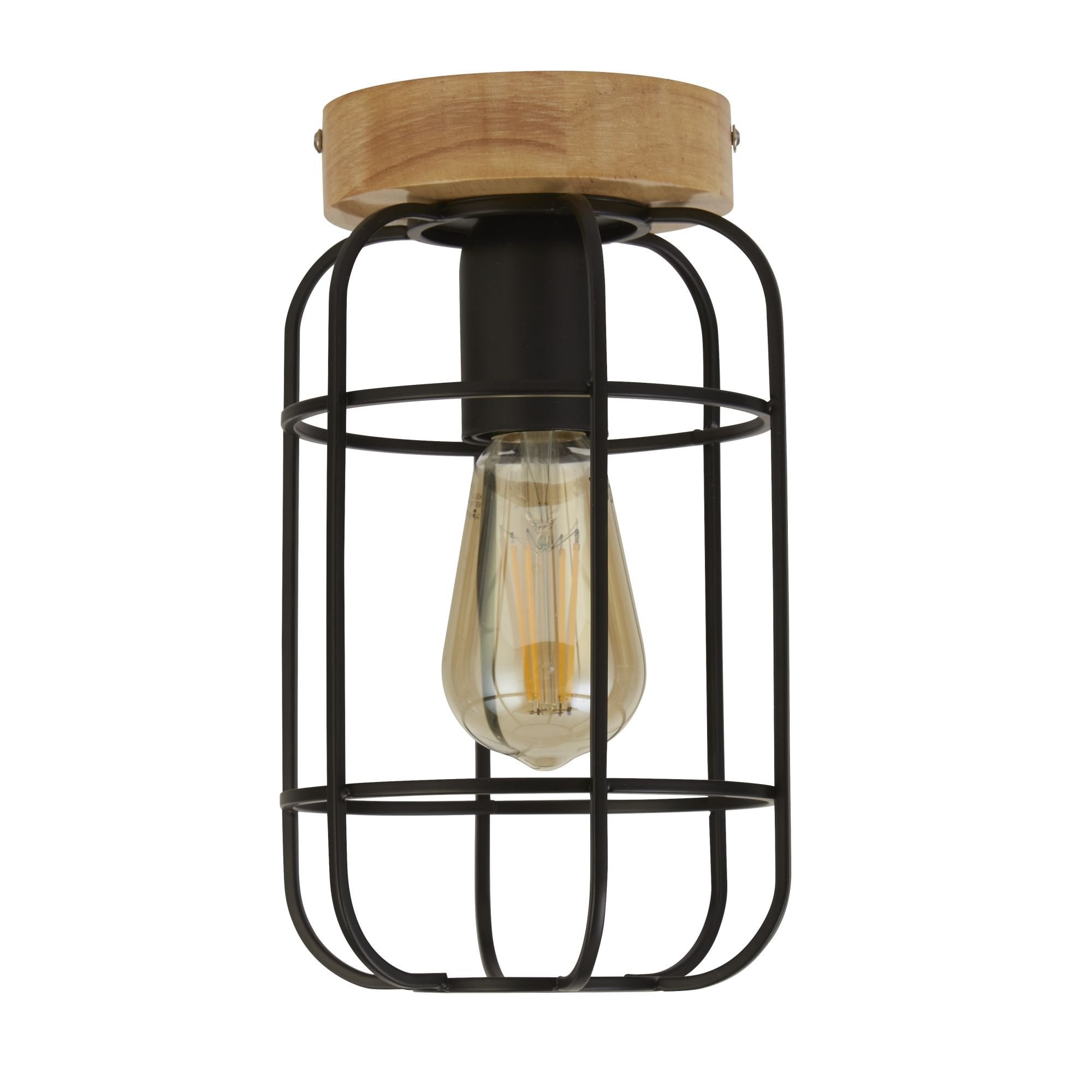 Searchlight Vermouth Cage Ceiling Light - Matt Black & Wood