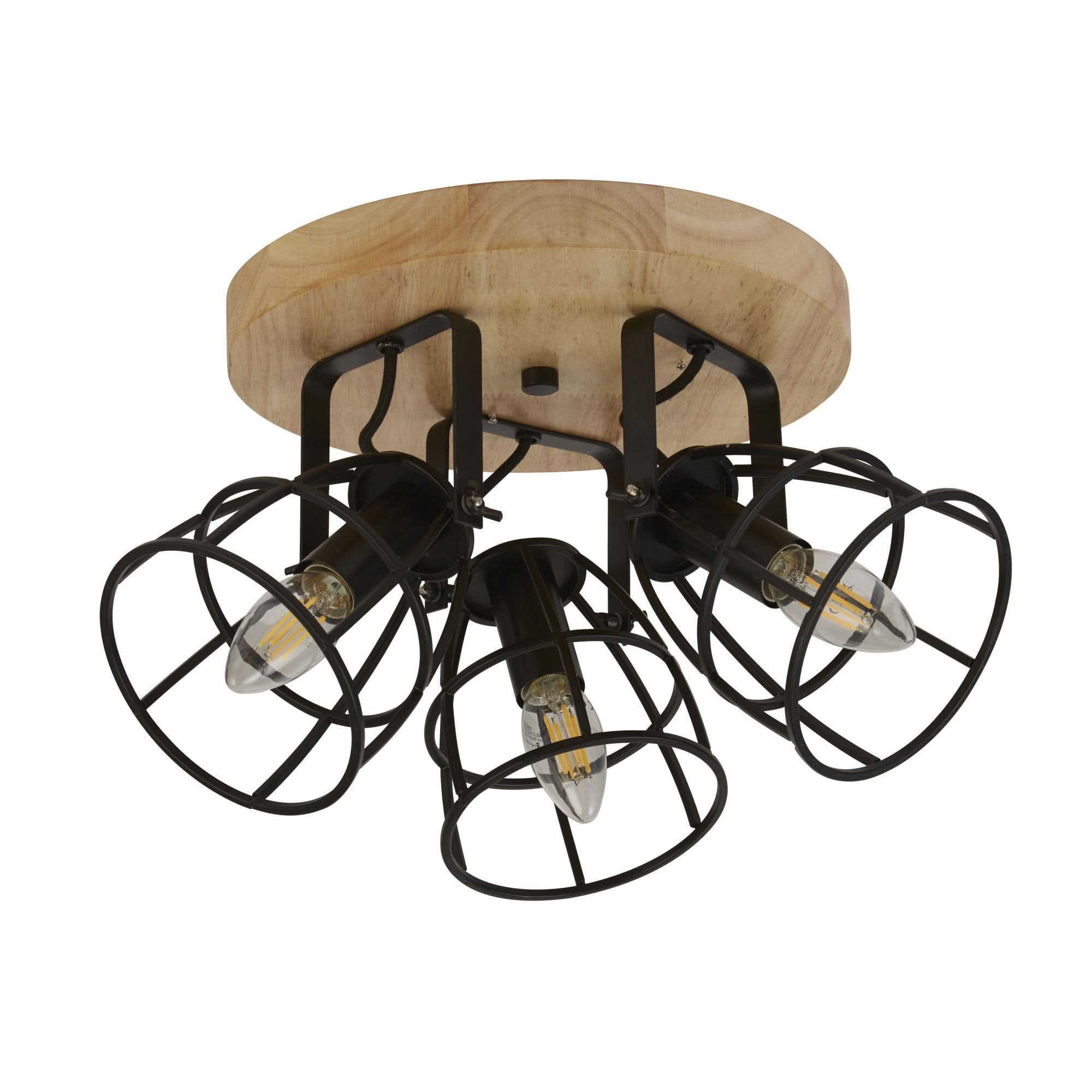 Searchlight Vermouth 3 Light Cage Round Ceiling Light - Matt Black & Wood