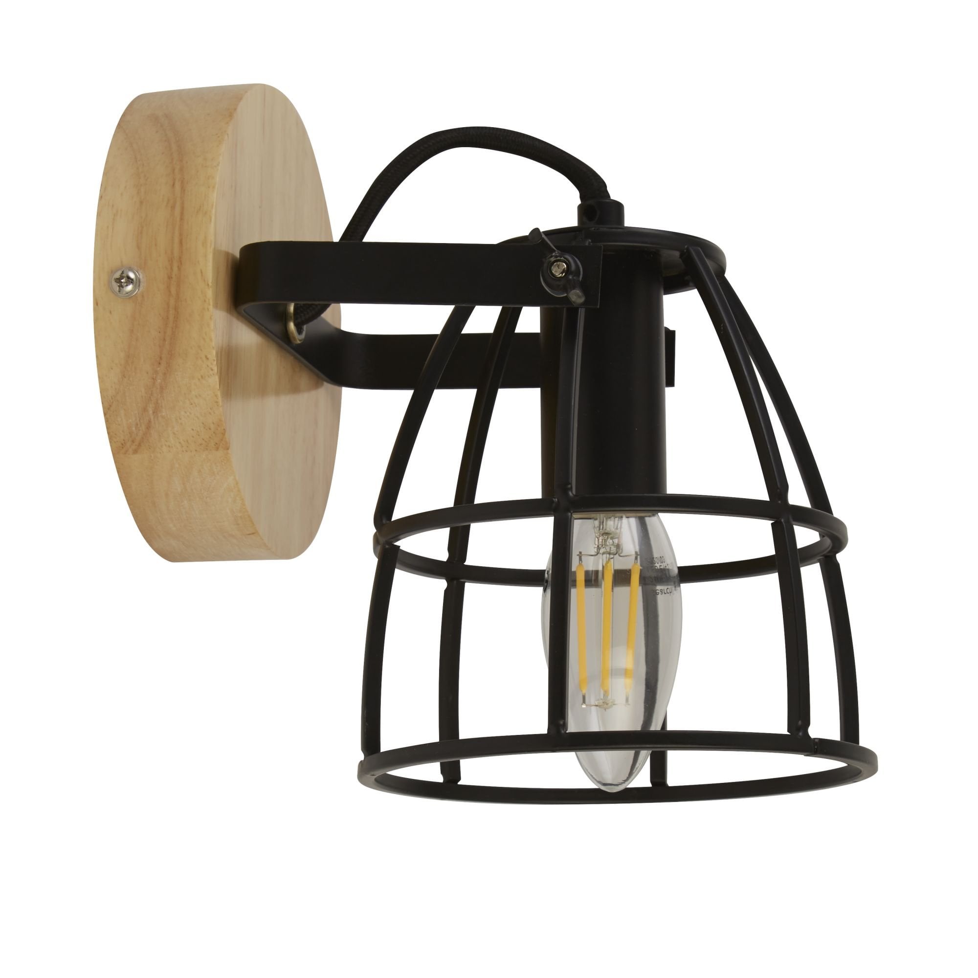 Searchlight Vermouth Cage Round Wall Light - Matt Black & Wood