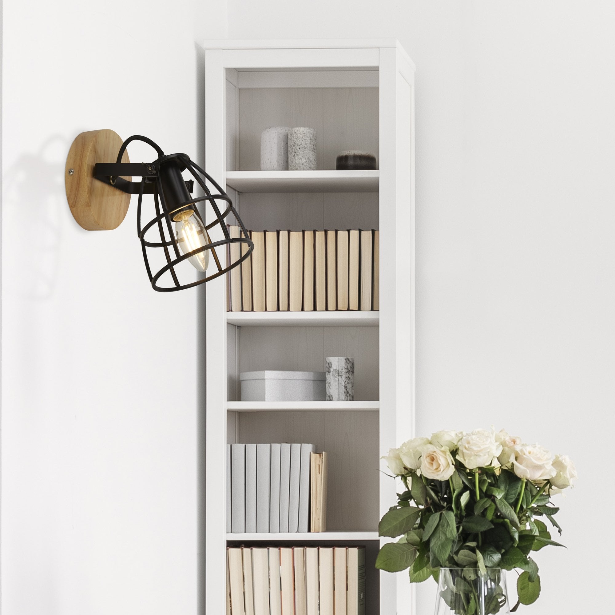 Searchlight Vermouth Cage Round Wall Light - Matt Black & Wood