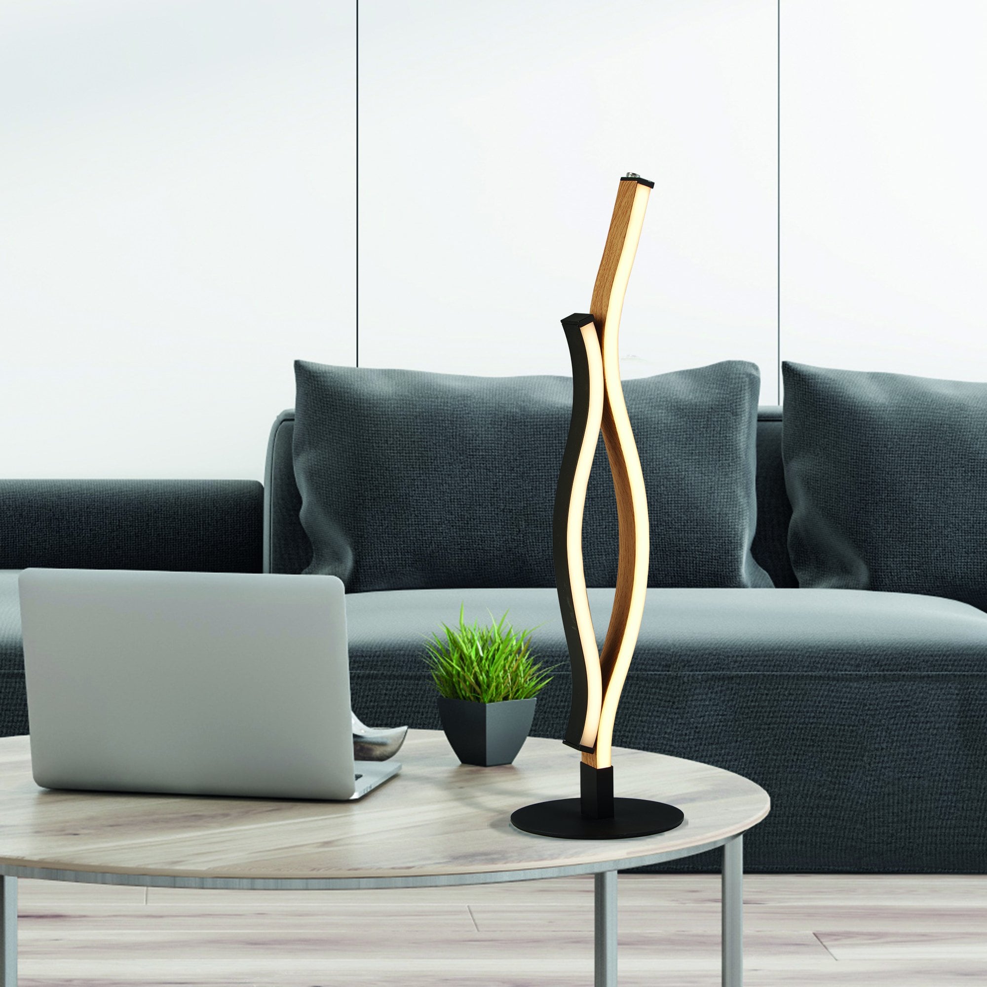 Searchlight Belmont Swirl LED Table Lamp - Black With Wood Effect