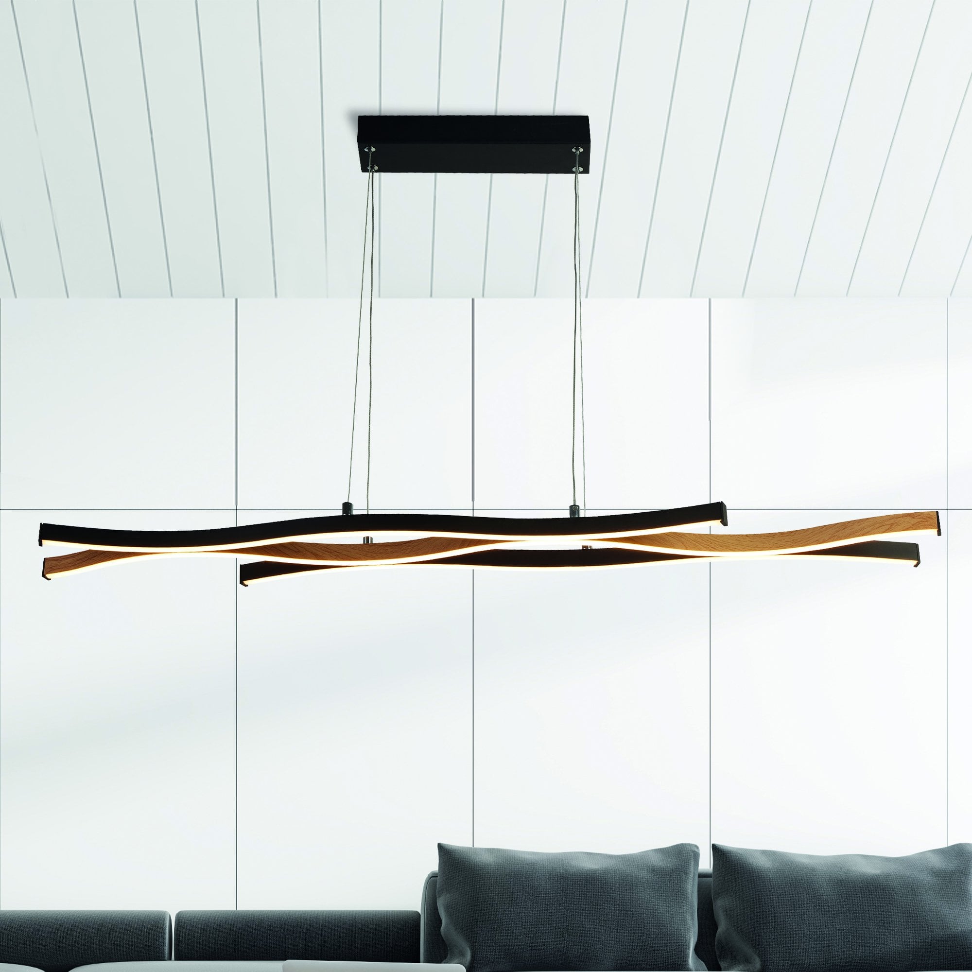 Searchlight Belmont Swirl LED Ceiling Pendant - Black With Wood Effect