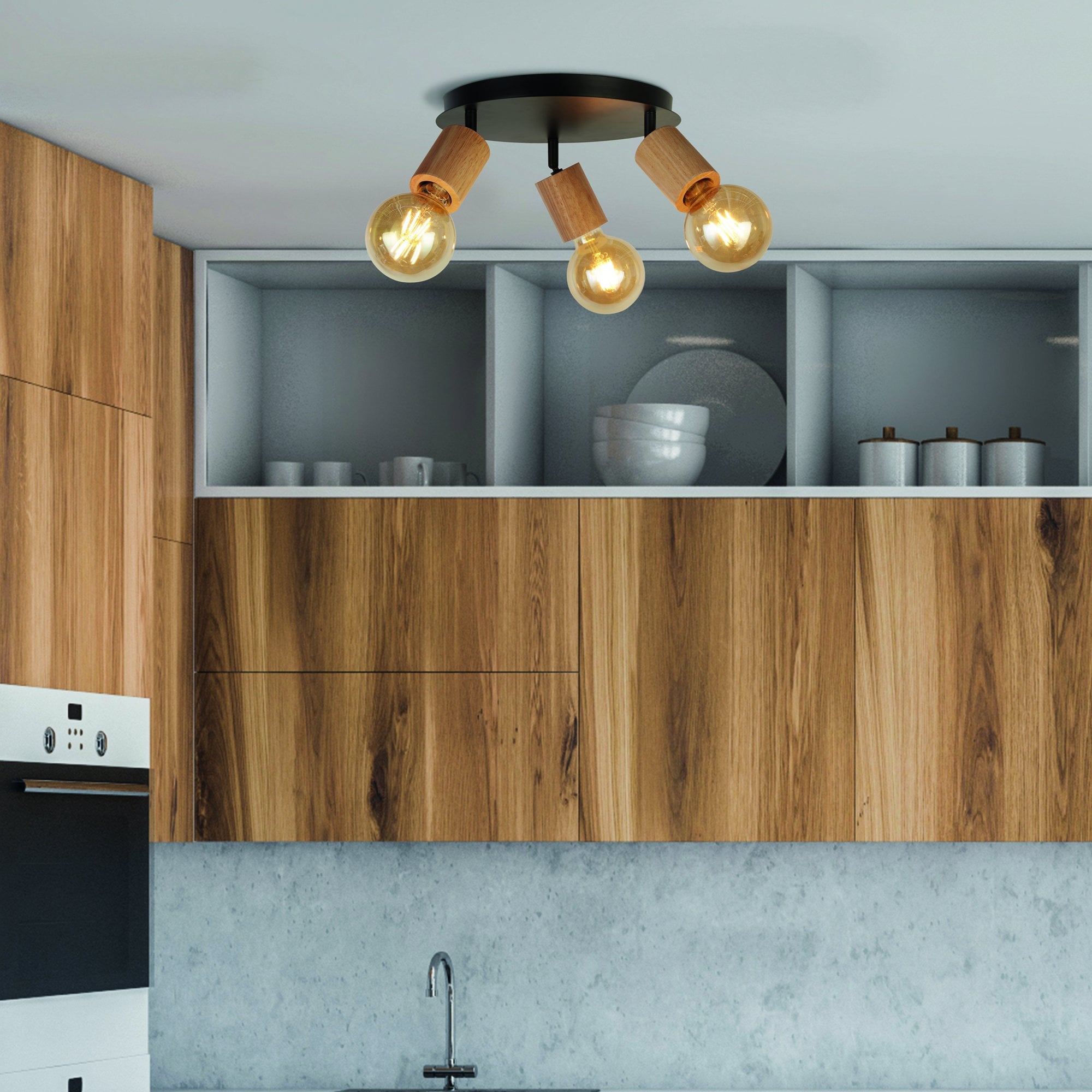 Searchlight South 3 Light Round Spotlight- Wood & Black Metal