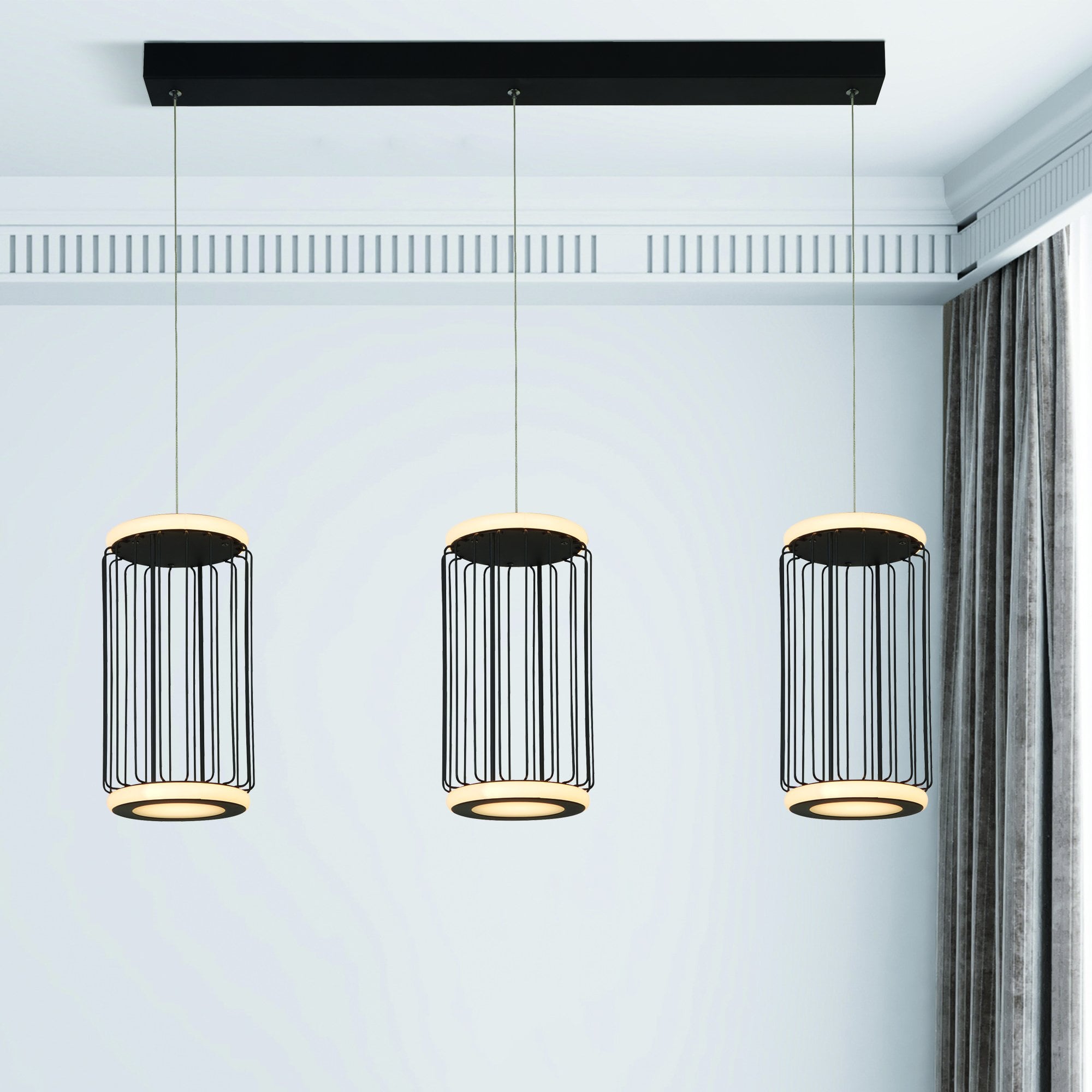 Searchlight Canova 3 Light Cage LED Bar Ceiling Pendant - Black Metal