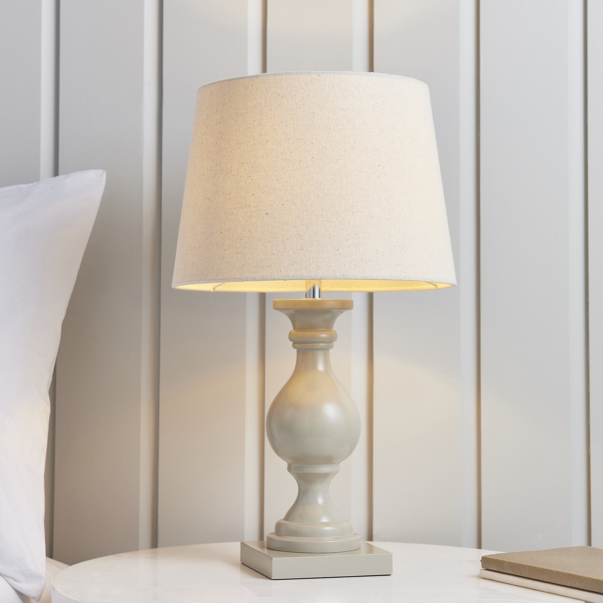 Endon Marsham Single Light Table Lamp - Taupe Painted Wood & Ivory Fabric