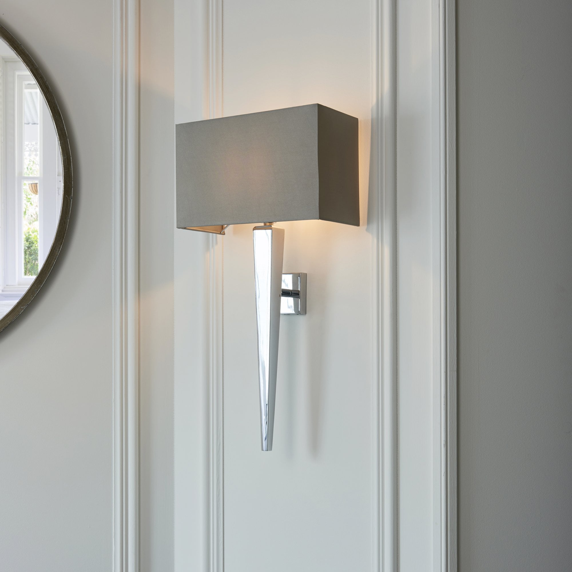 Endon Moreto Single Light Wall Light - Chrome Plate & Grey & Silver Fabric