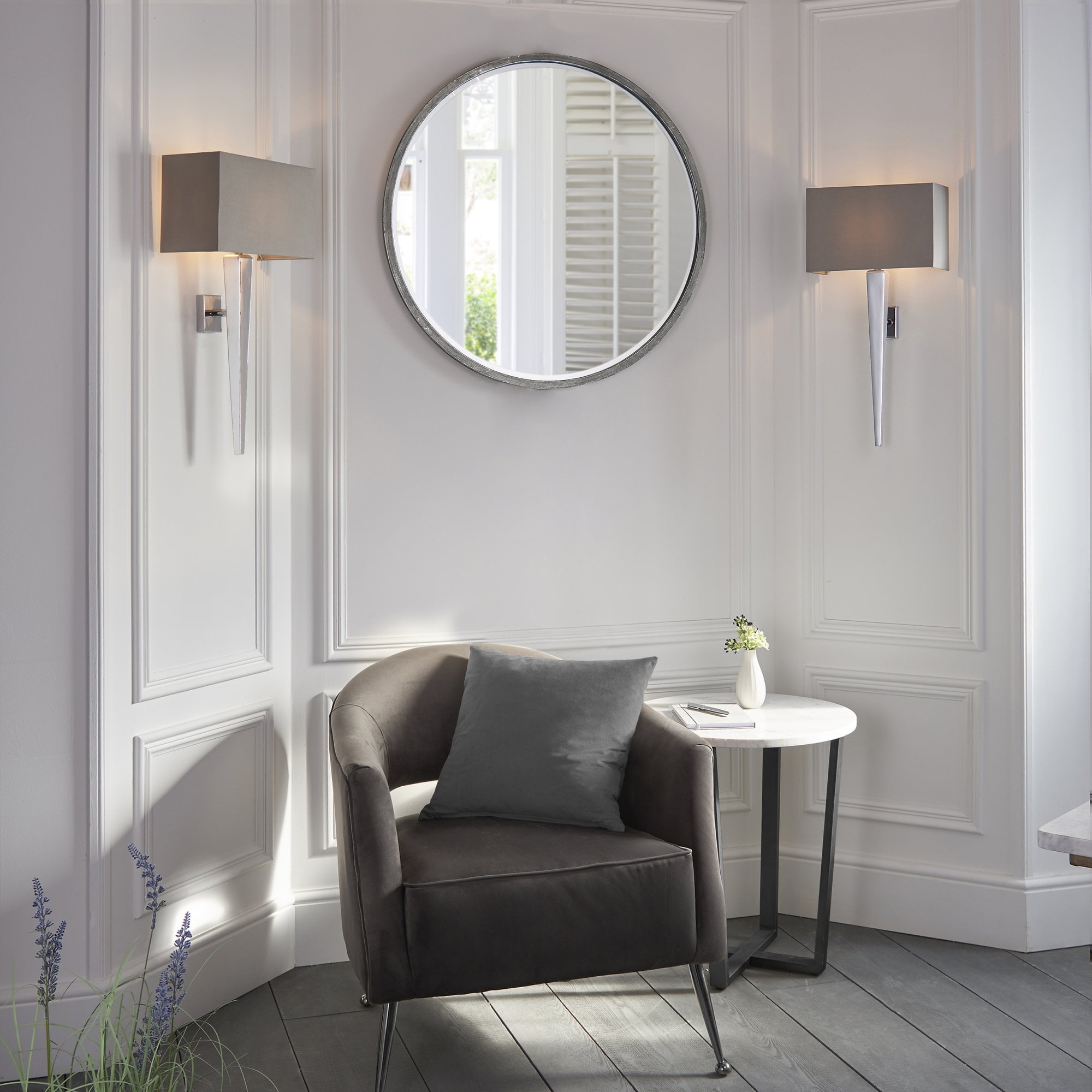 Endon Moreto Single Light Wall Light - Chrome Plate & Grey & Silver Fabric