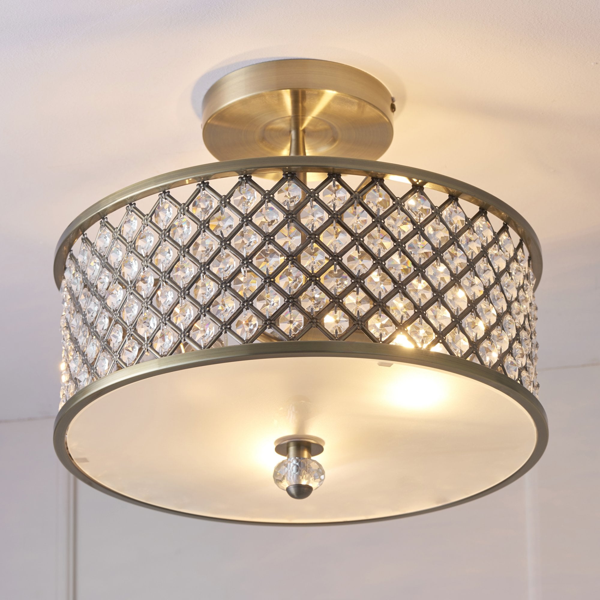 Endon Hudson 3 Light Flush Fitting - Antique Brass Plate & Clear Crystal