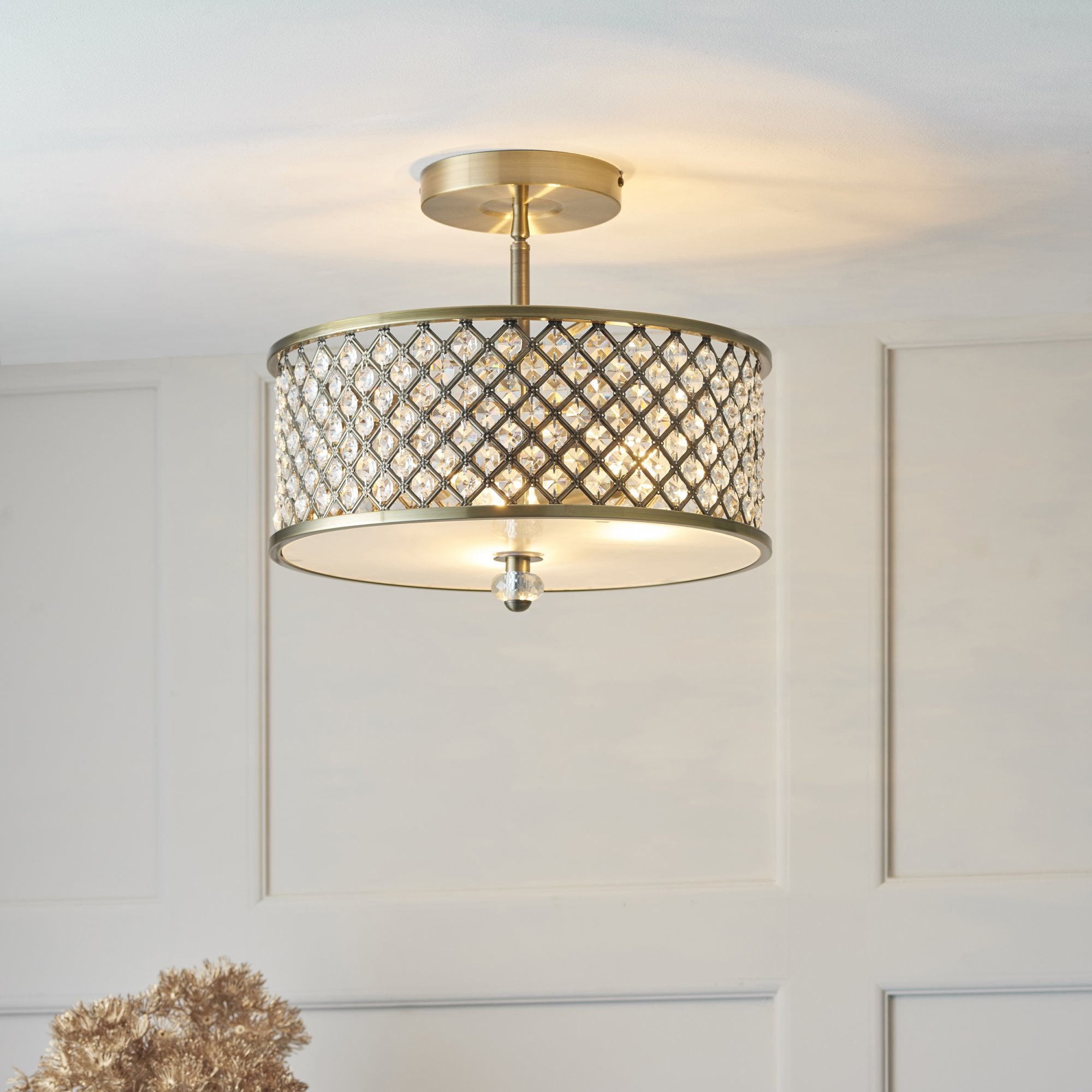 Endon Hudson 3 Light Flush Fitting - Antique Brass Plate & Clear Crystal