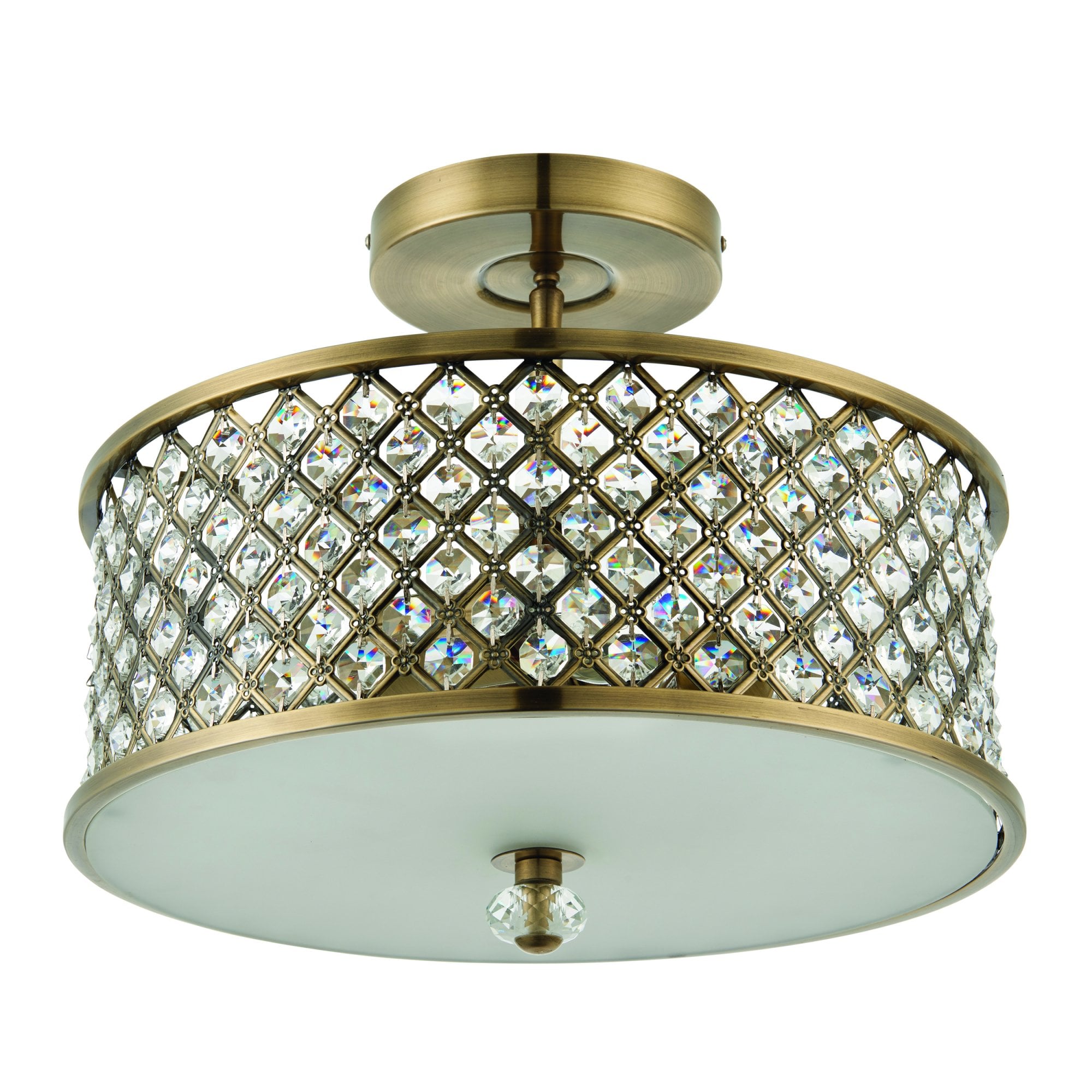 Endon Hudson 3 Light Flush Fitting - Antique Brass Plate & Clear Crystal