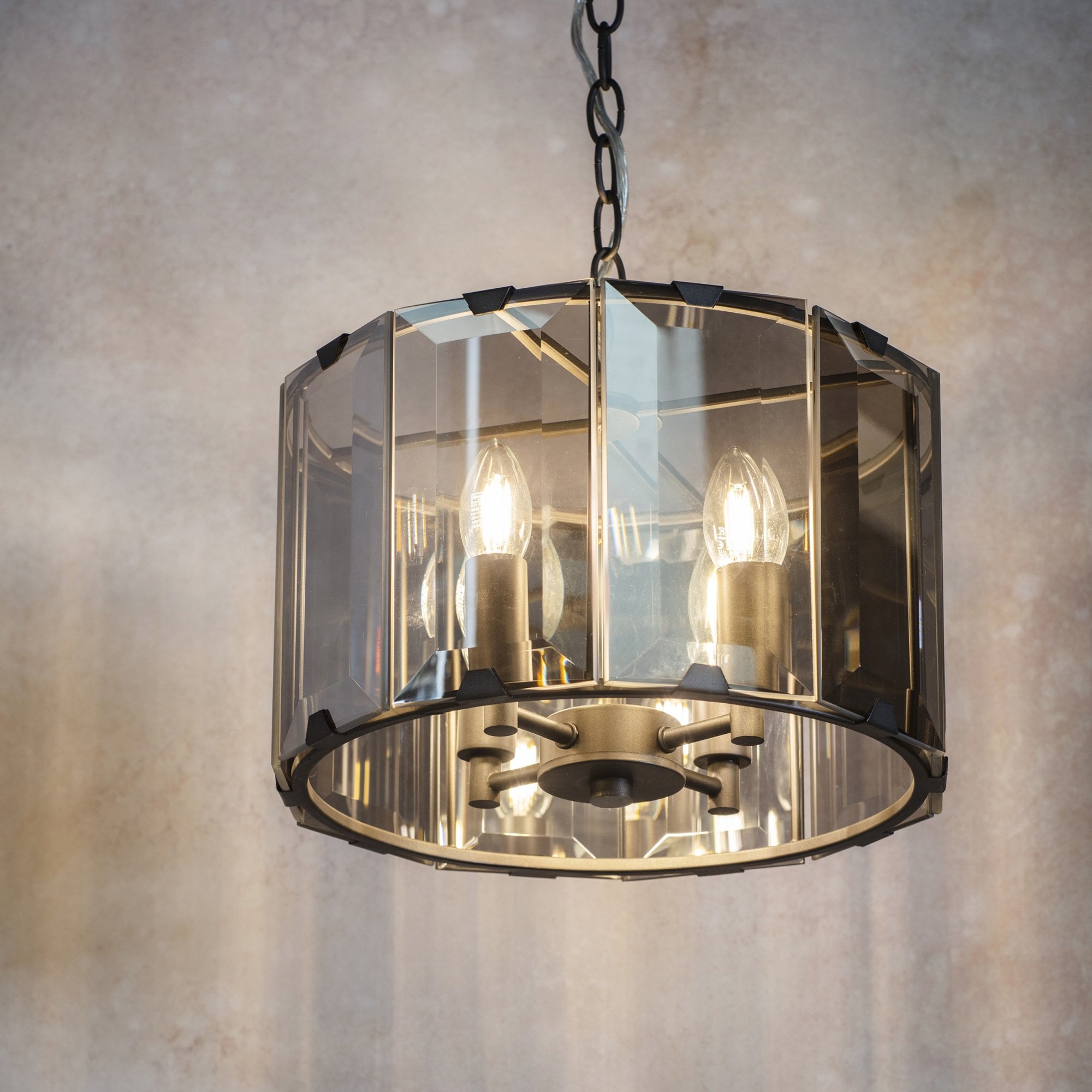Endon Clooney 4 Light Pendant - Matt Grey & Silver & Smoked Bevelled Glass