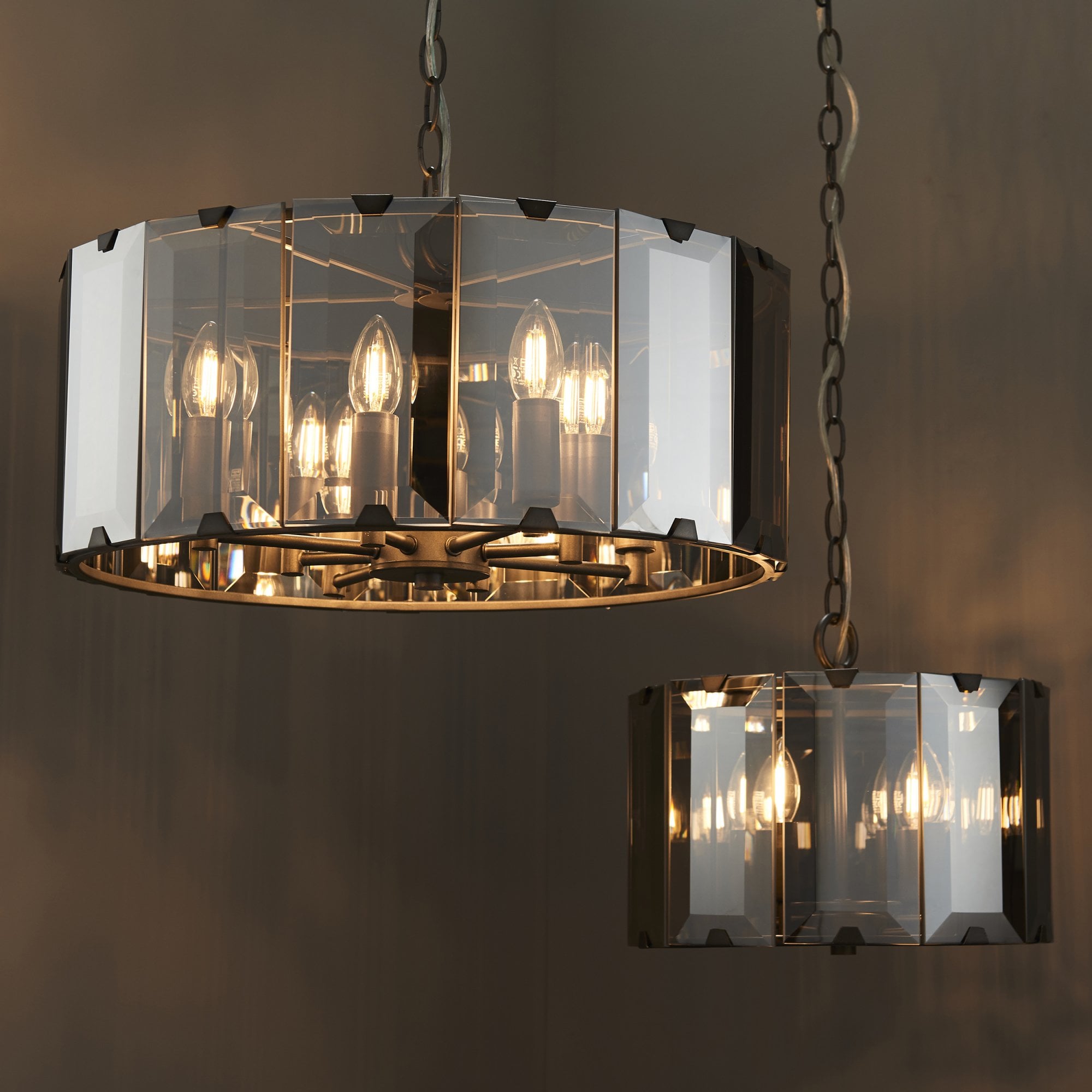 Endon Clooney 4 Light Pendant - Matt Grey & Silver & Smoked Bevelled Glass