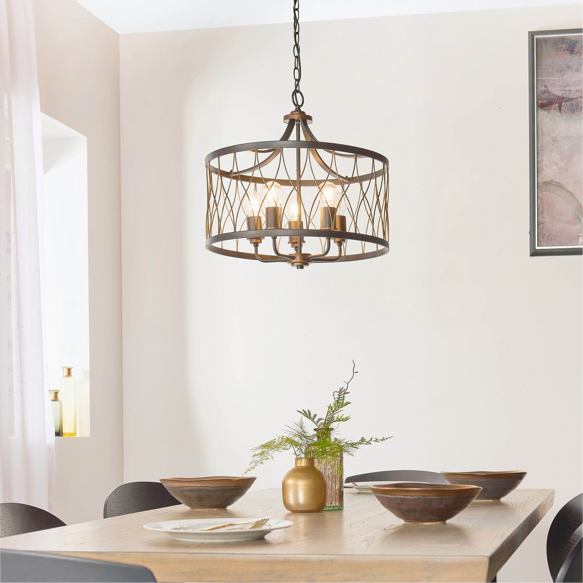 Endon Heston 5 Light Pendant - Matt Black & Rustic Bronze Paint