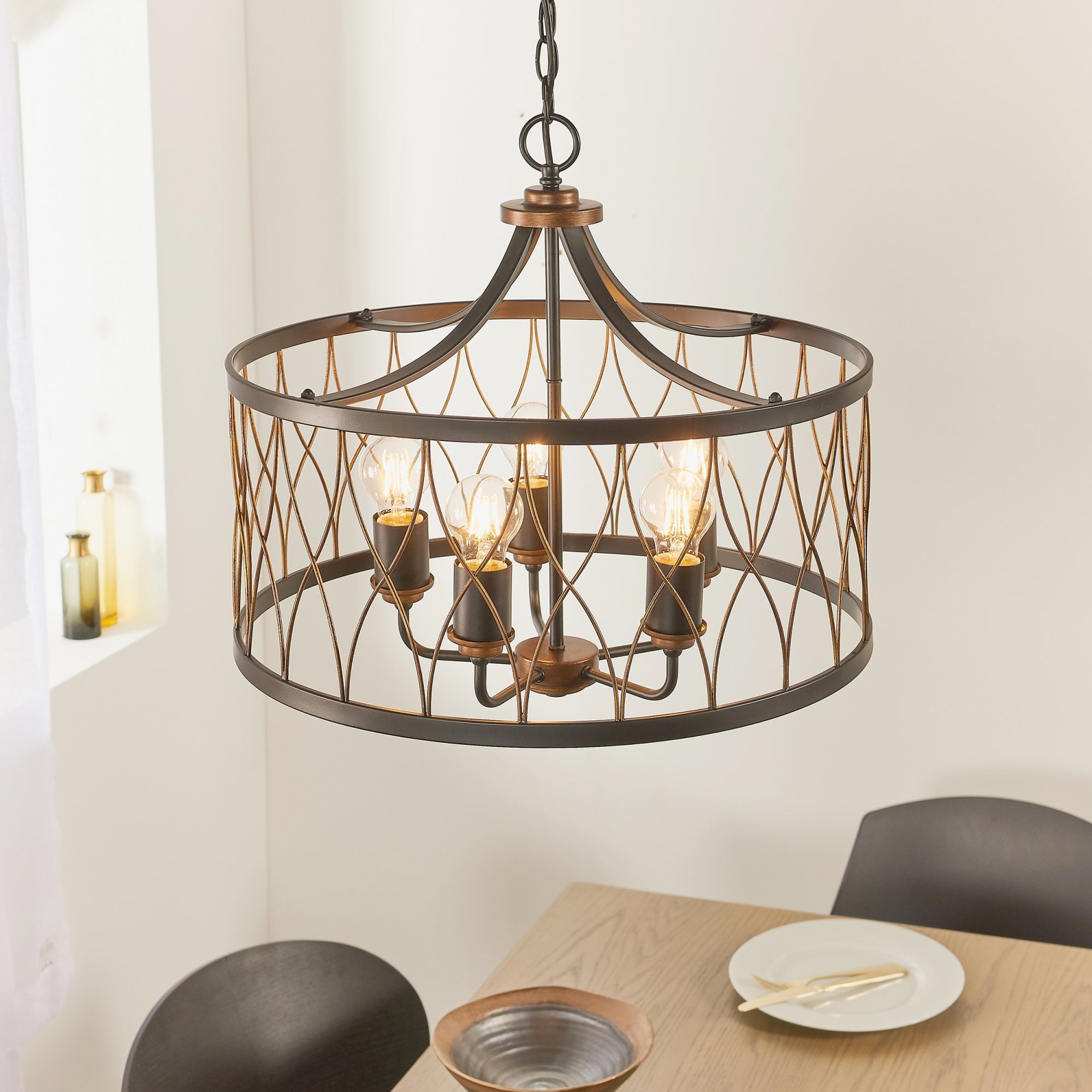 Endon Heston 5 Light Pendant - Matt Black & Rustic Bronze Paint