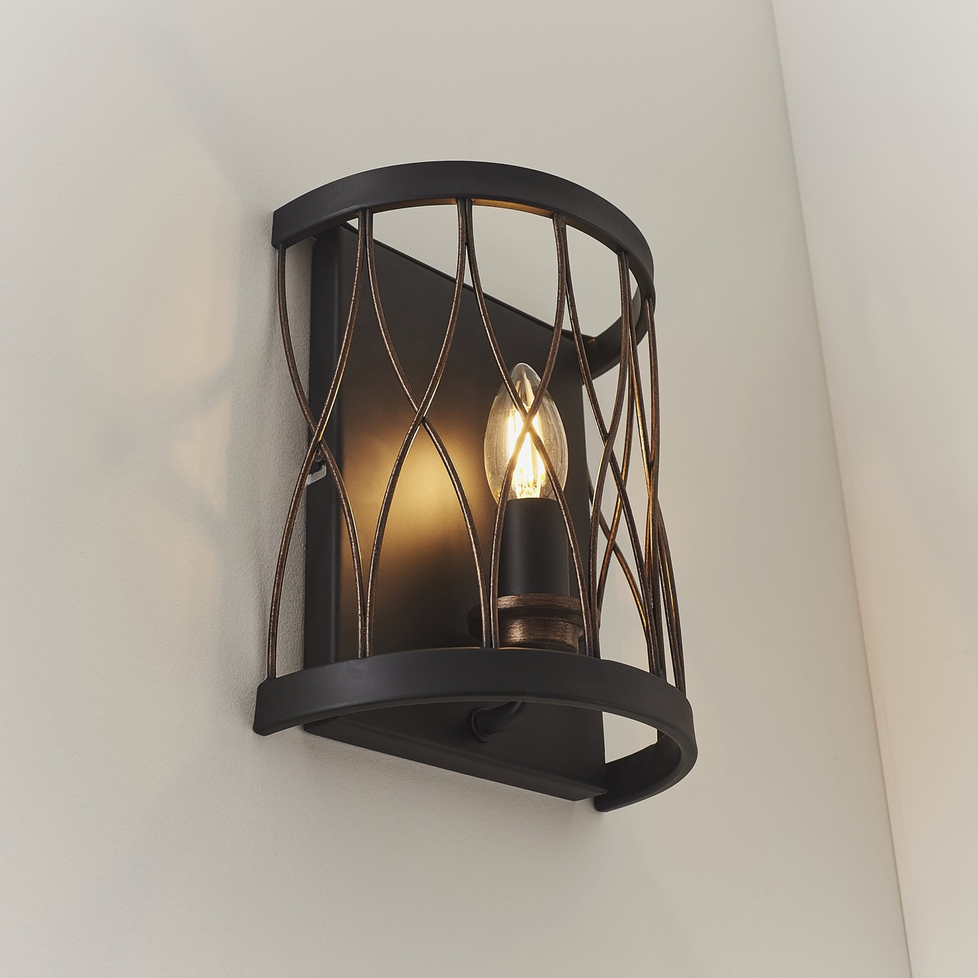 Endon Heston Single Light Wall Light - Matt Black & Rustic Bronze Paint