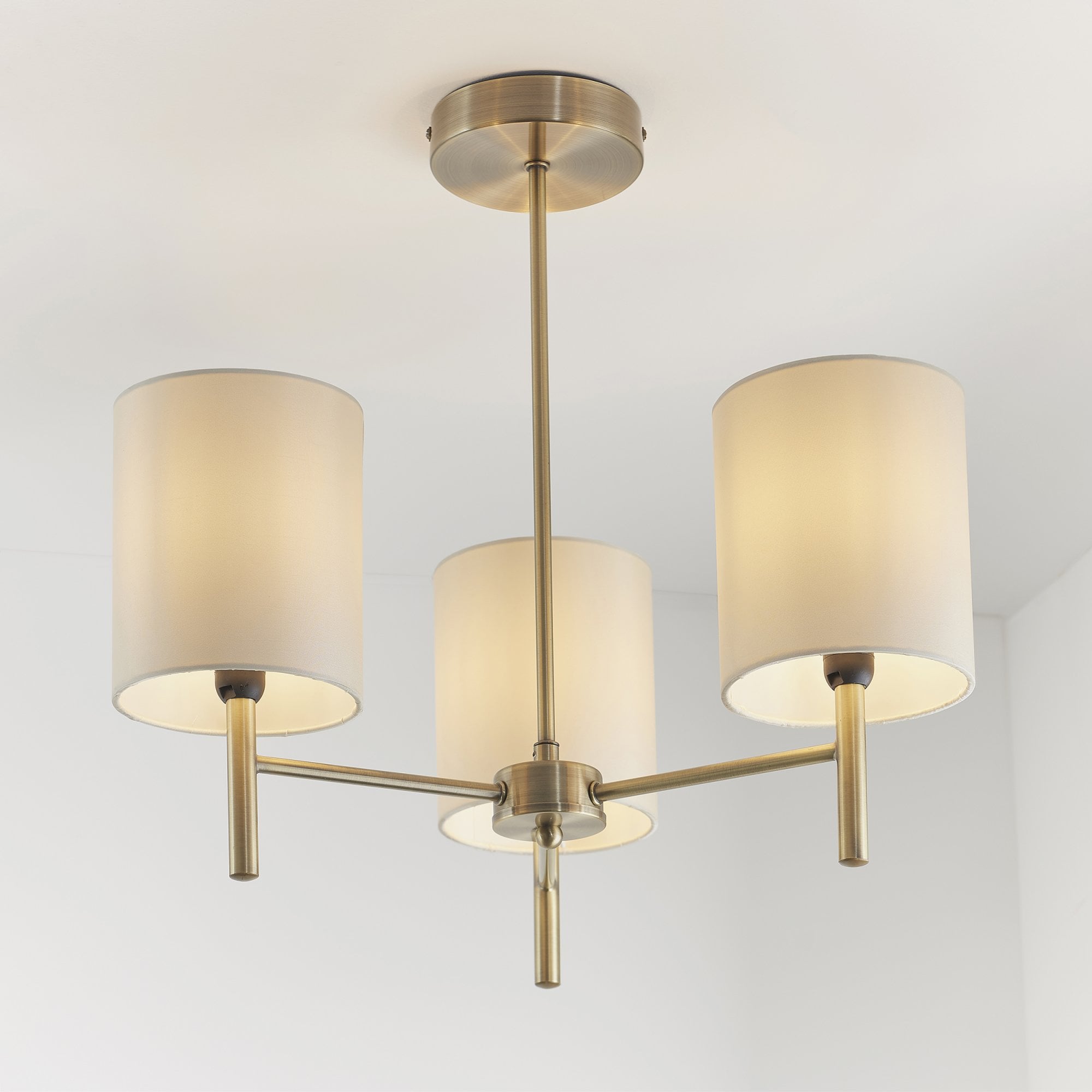 Endon Brio 3 Light Semi Flush Fitting - Antique Brass Plate & Cream Fabric