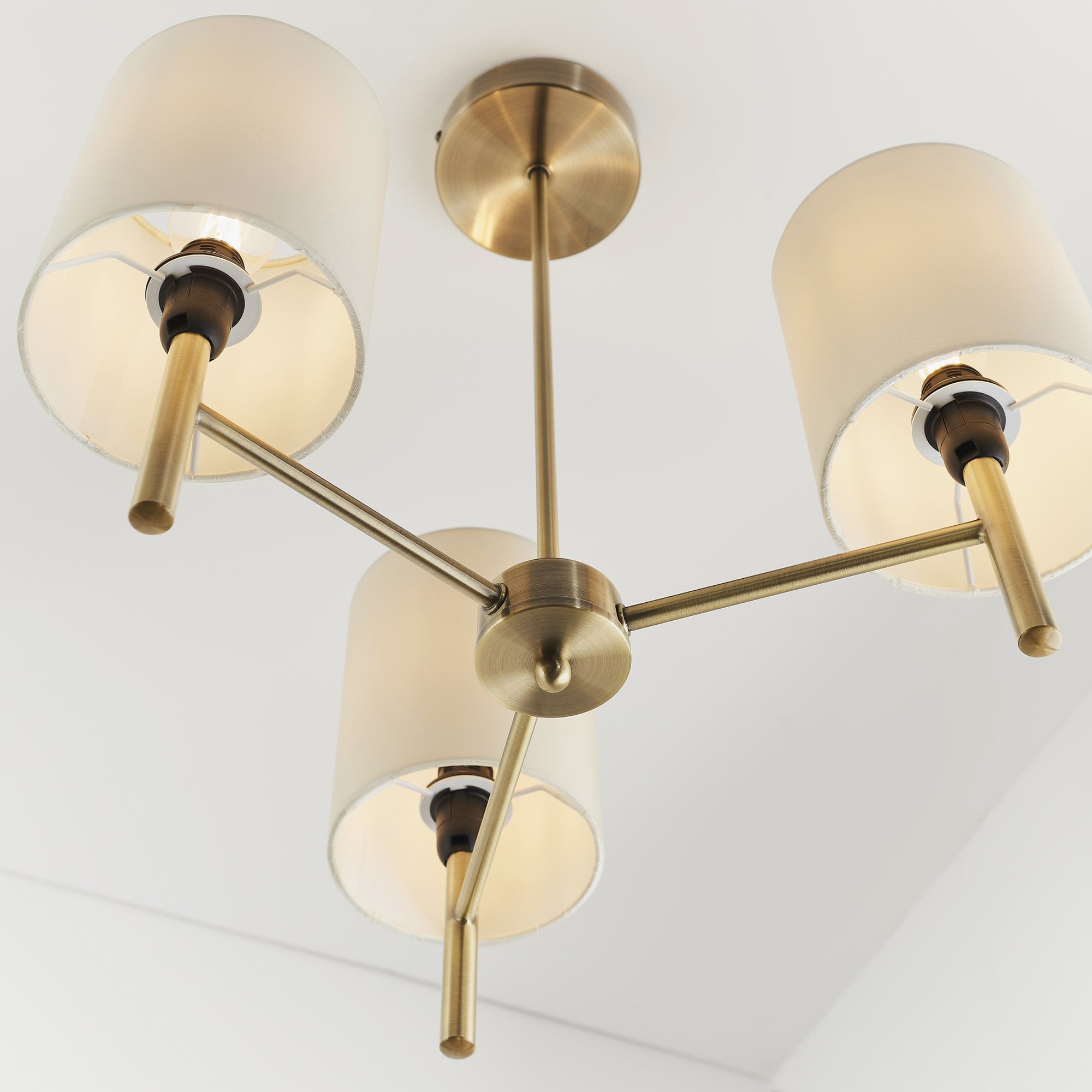Endon Brio 3 Light Semi Flush Fitting - Antique Brass Plate & Cream Fabric