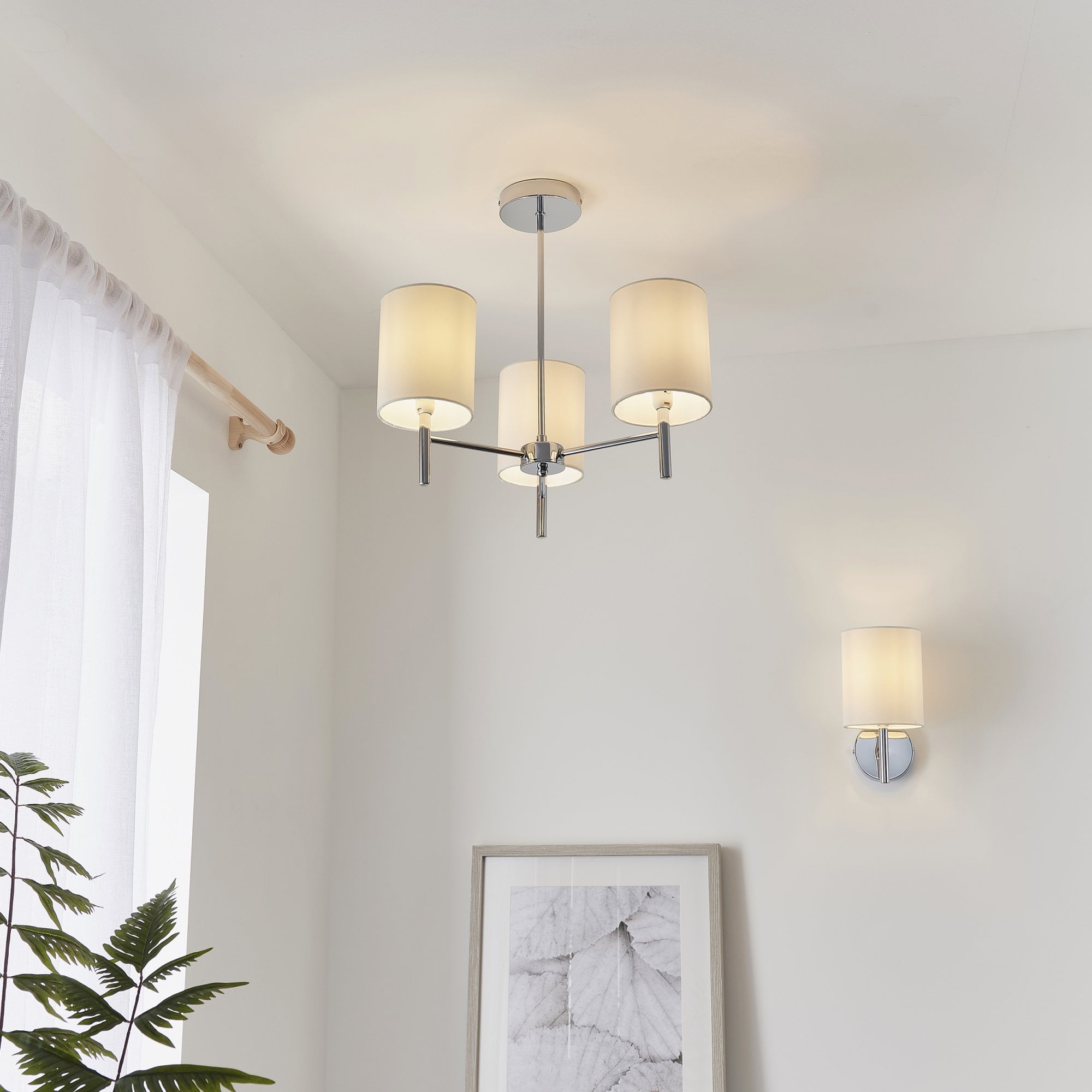 Endon Brio 3 Light Semi Flush Fitting - Chrome Plate & Vintage White Fabric