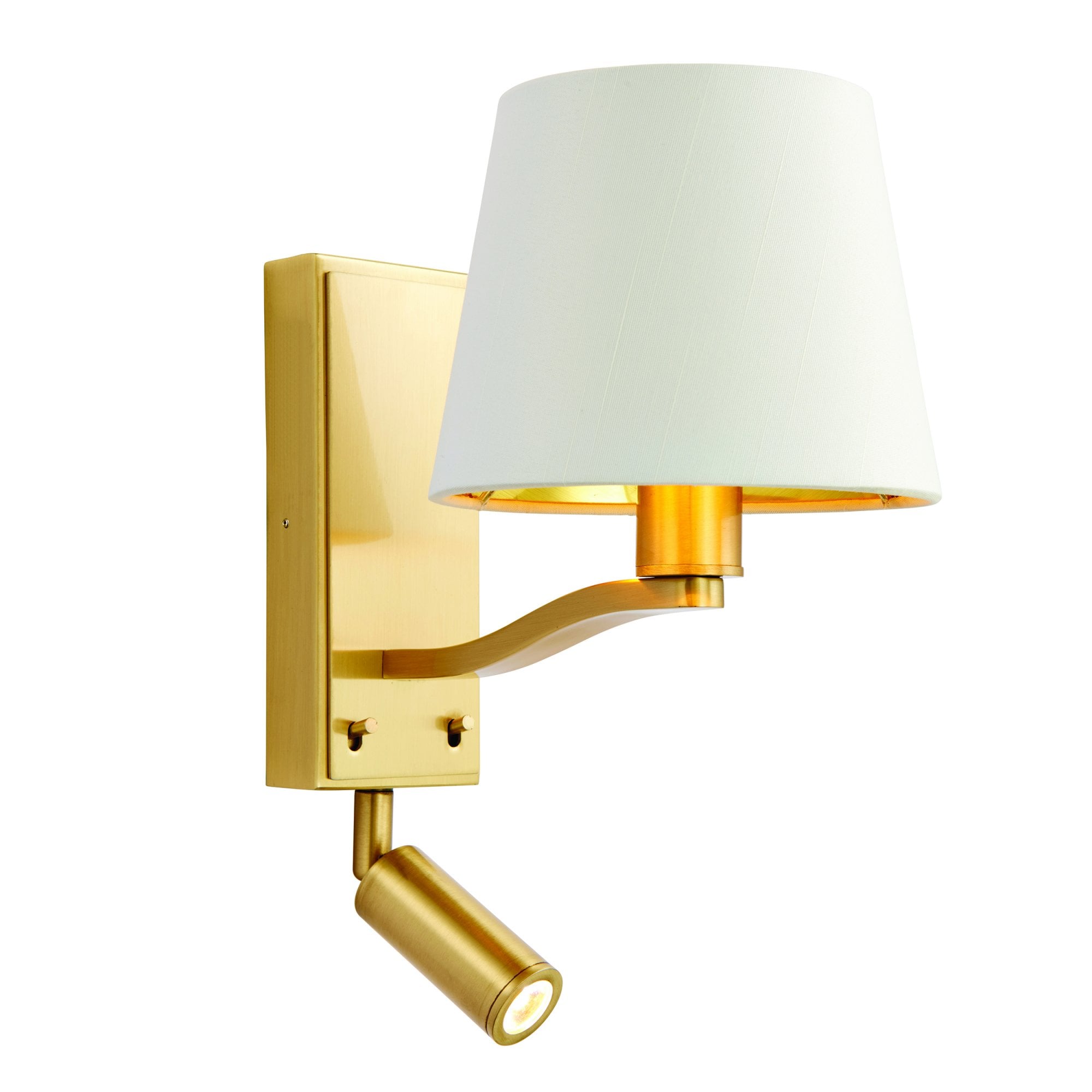Endon Harvey Single Light Wall Fitting & Spot Light - Brushed Gold & Vintage White Faux Silk