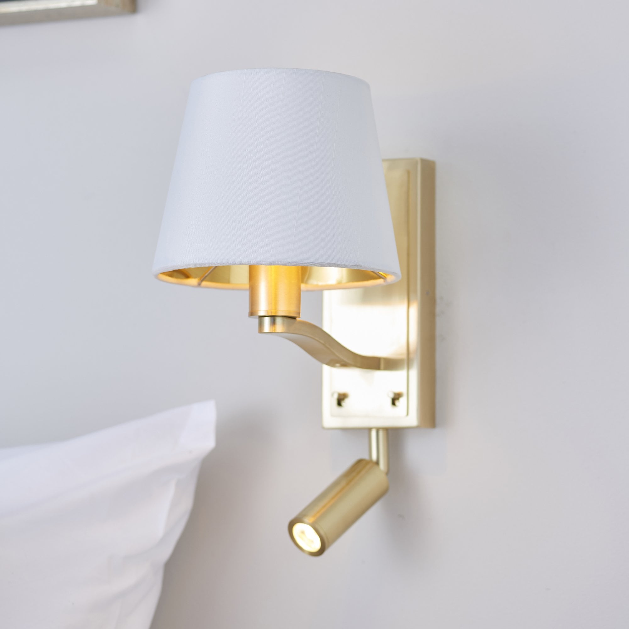 Endon Harvey Single Light Wall Fitting & Spot Light - Brushed Gold & Vintage White Faux Silk