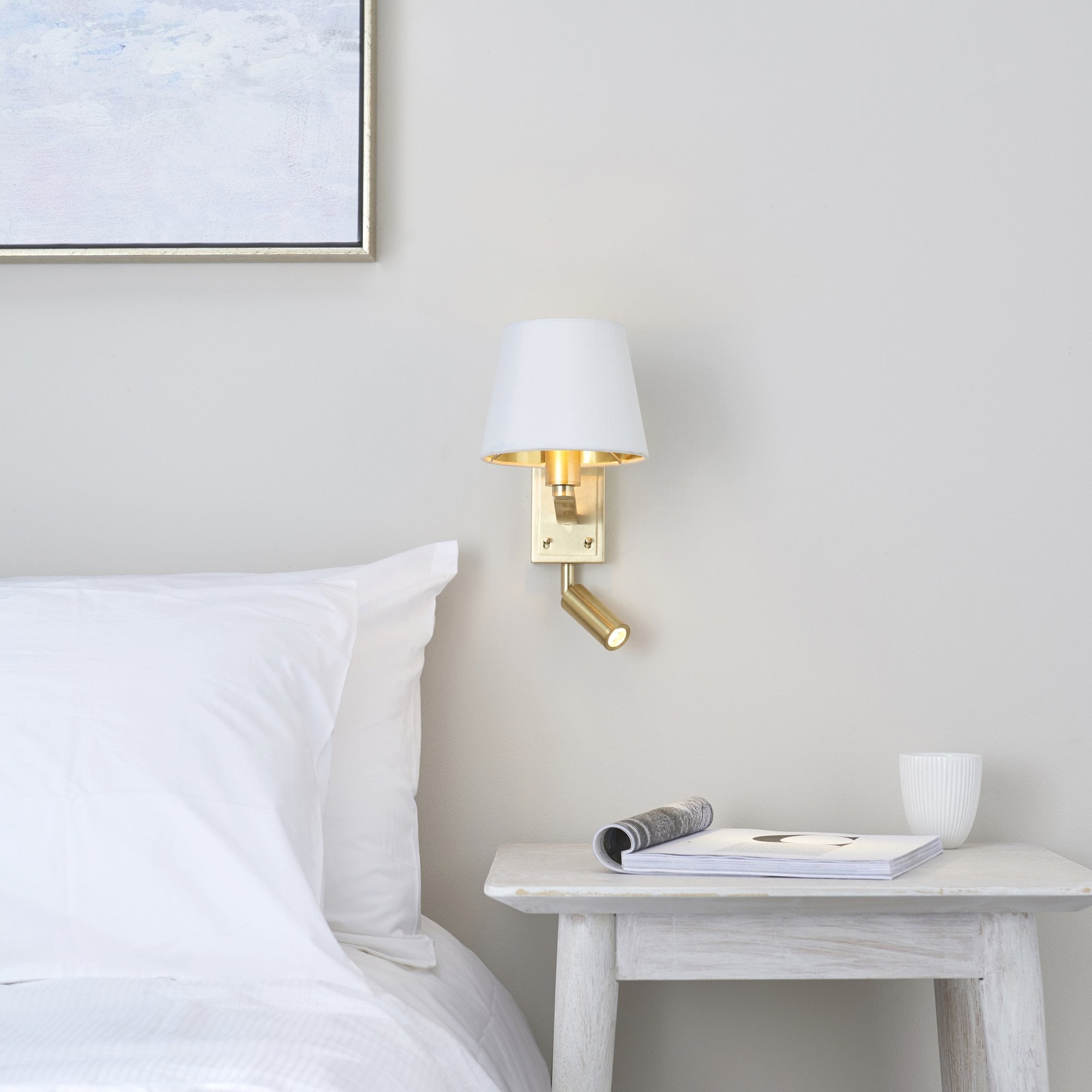 Endon Harvey Single Light Wall Fitting & Spot Light - Brushed Gold & Vintage White Faux Silk
