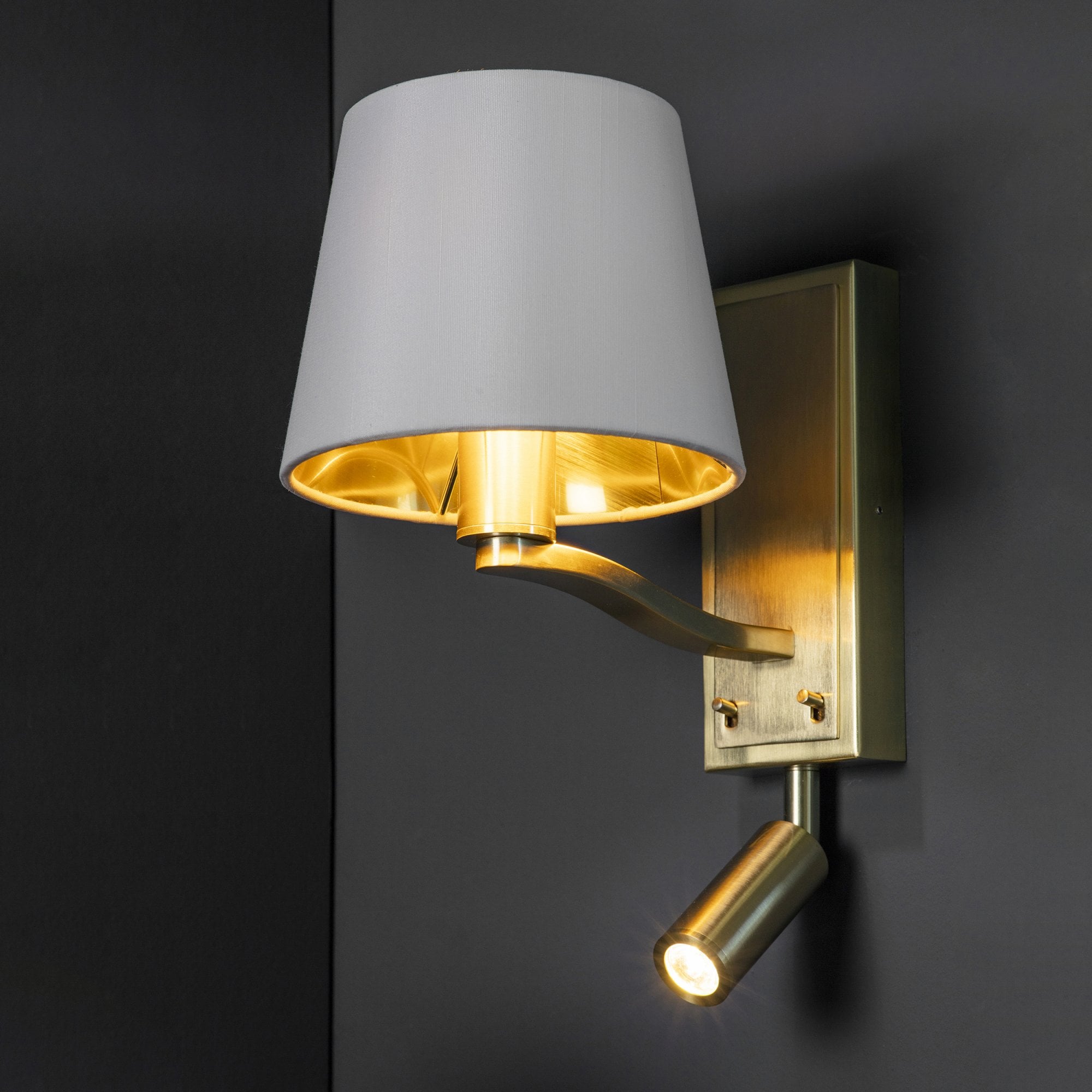 Endon Harvey Single Light Wall Fitting & Spot Light - Brushed Gold & Vintage White Faux Silk
