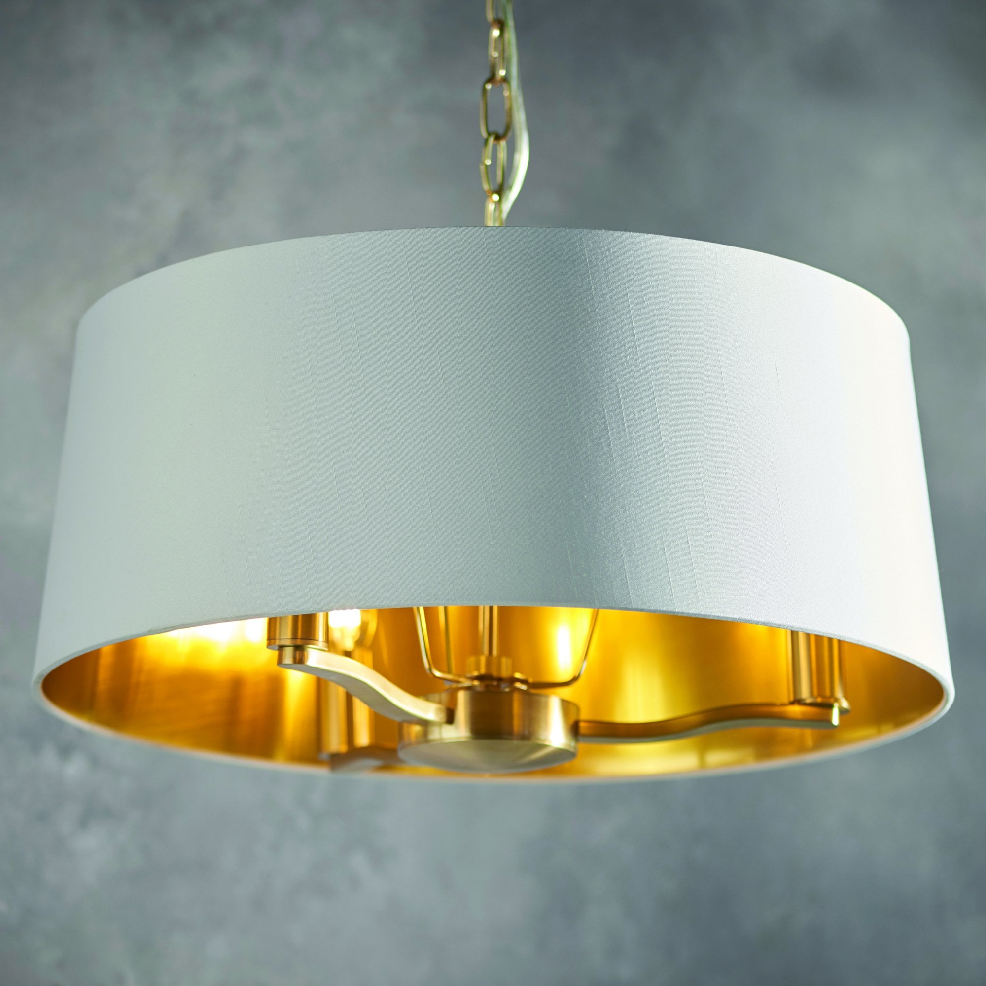 Endon Harvey 3 Light Pendant - Brushed Gold & Vintage White Faux Silk