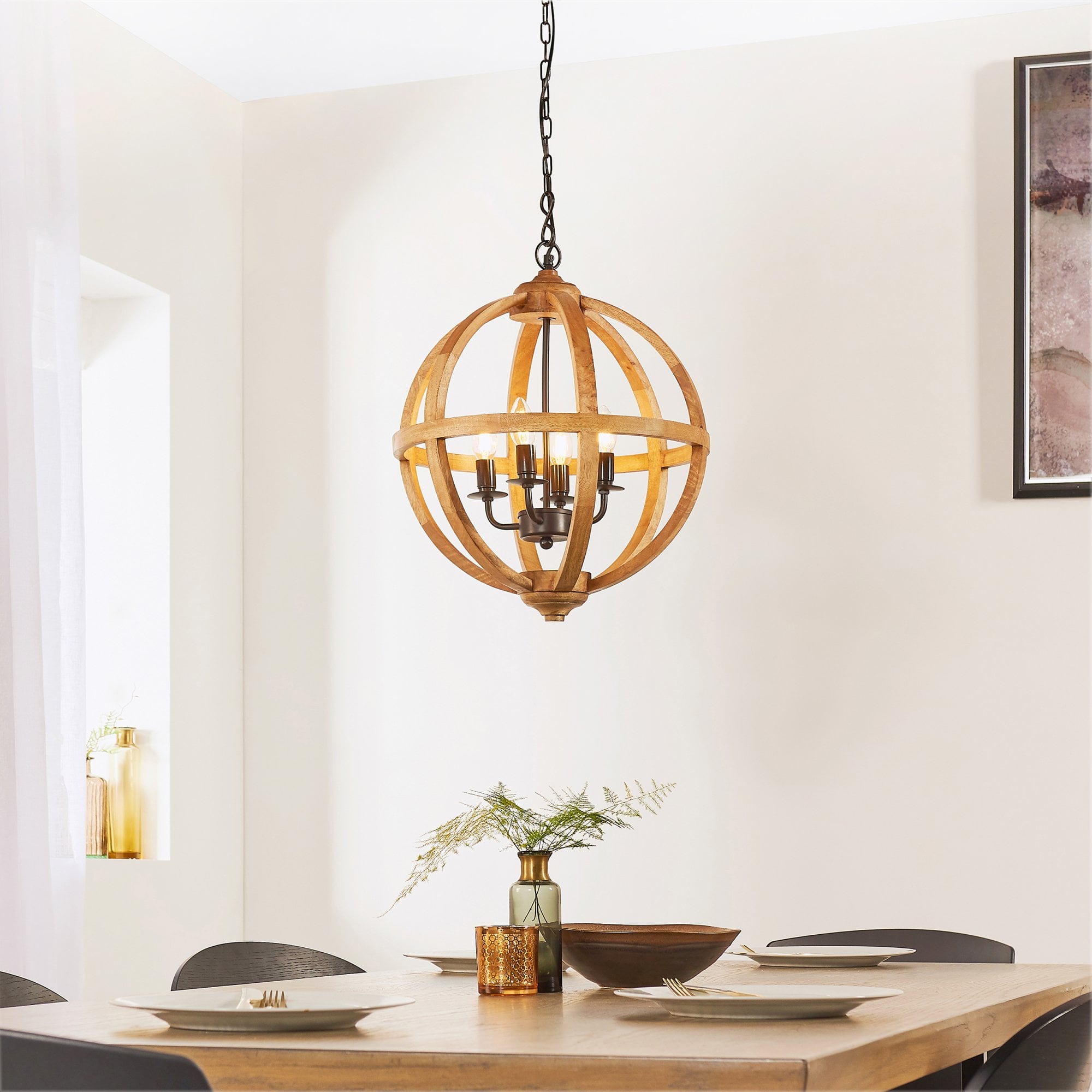 Endon Toba 4 Light Pendant - Mango Wood & Dark Bronze Paint
