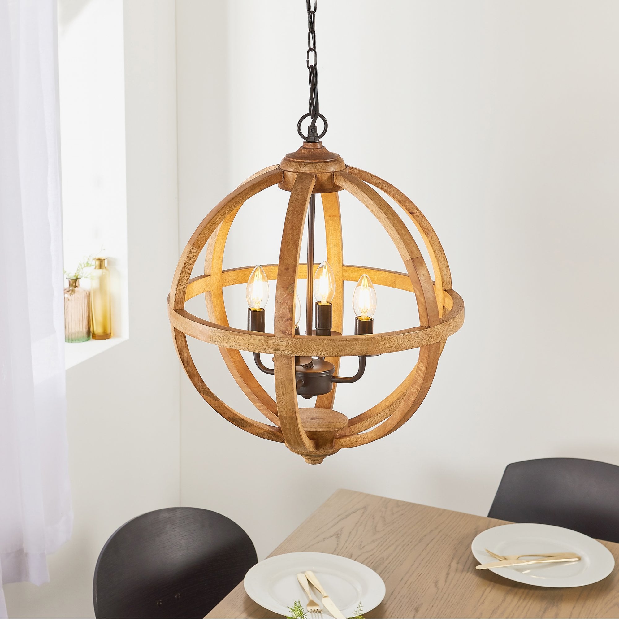 Endon Toba 4 Light Pendant - Mango Wood & Dark Bronze Paint