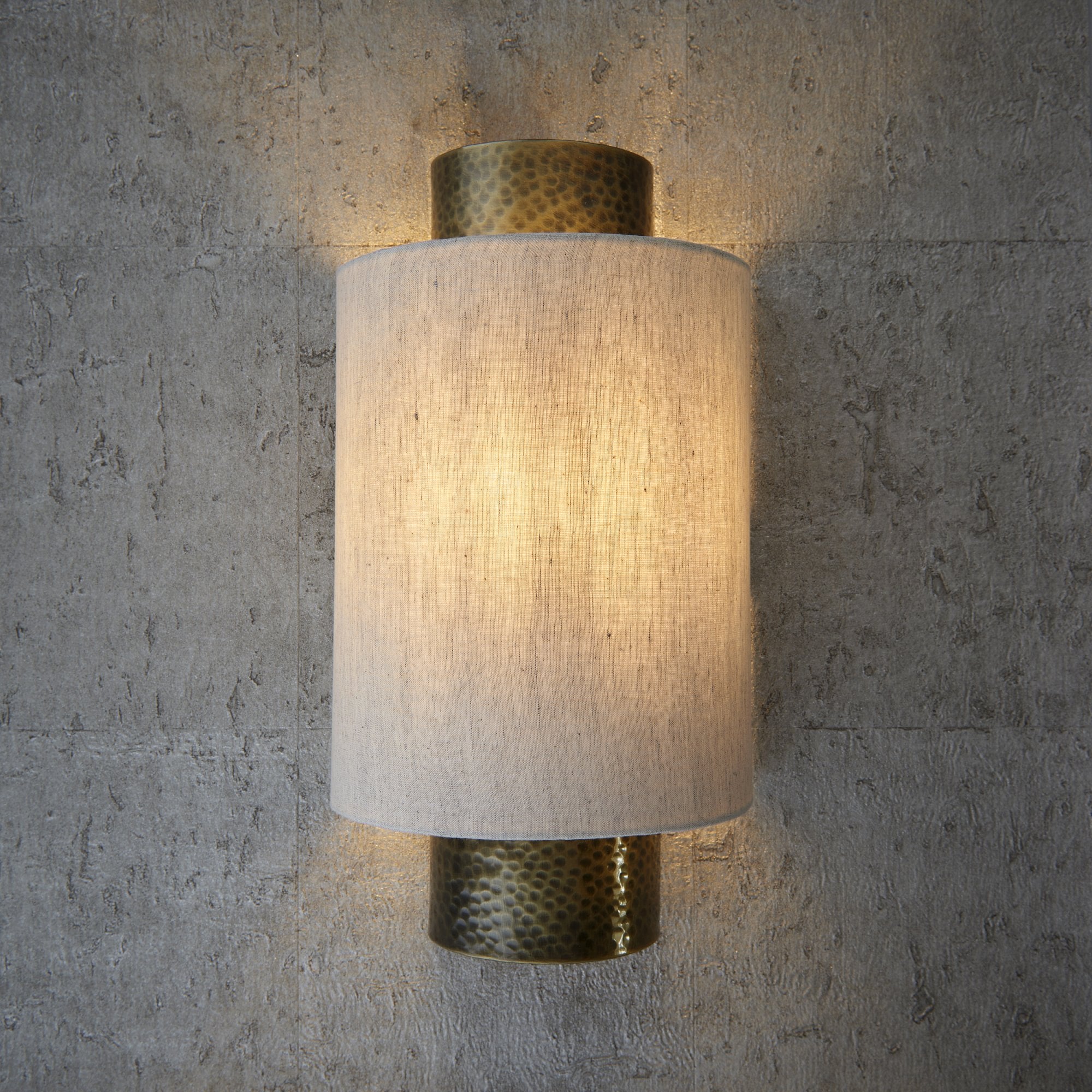 Endon Indara Single Light Wall Light - Hammered Bronze Plate & Neutral Linen Mix Fabric