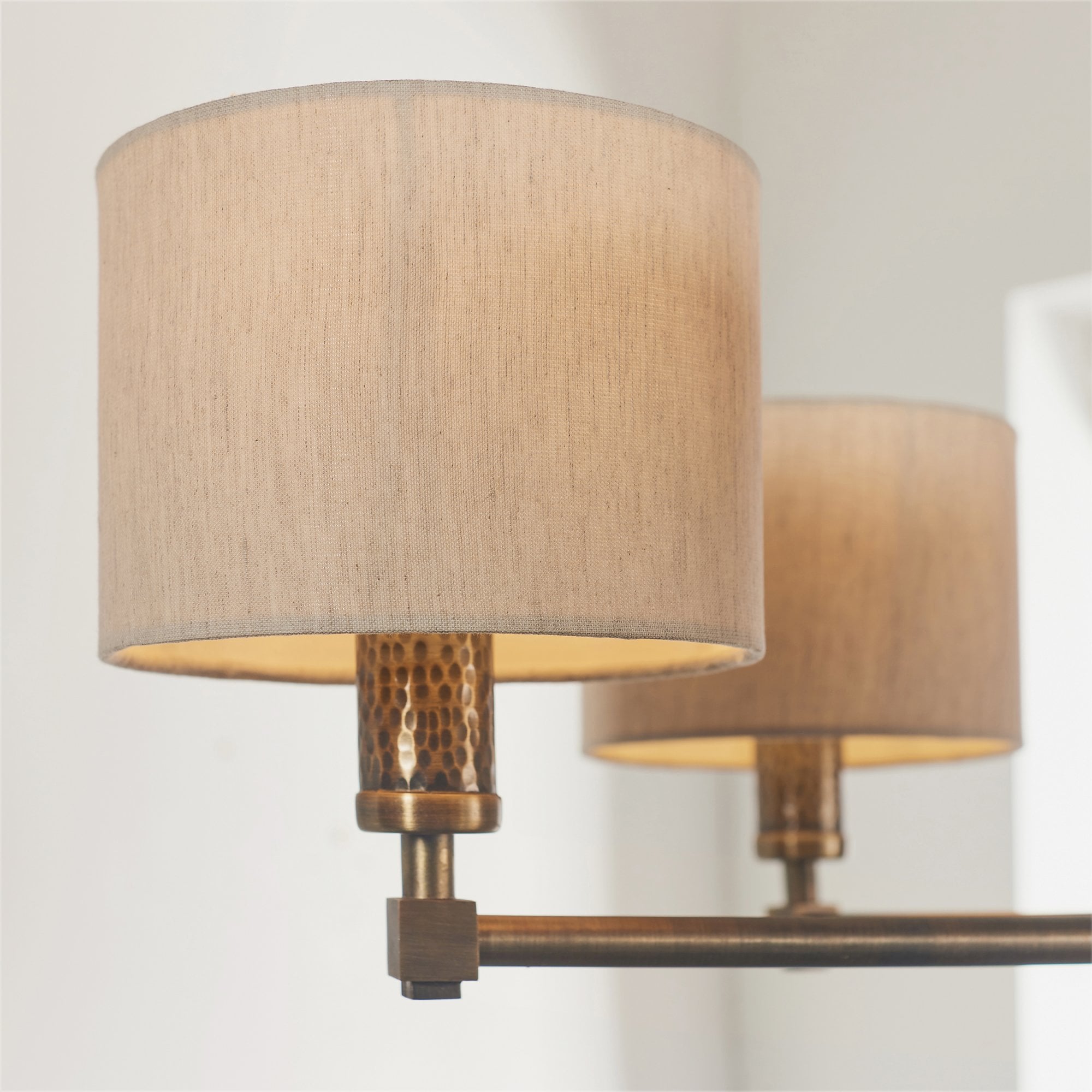 Endon Indara 5 Light Pendant - Hammered Bronze Plate & Neutral Linen Mix Fabric