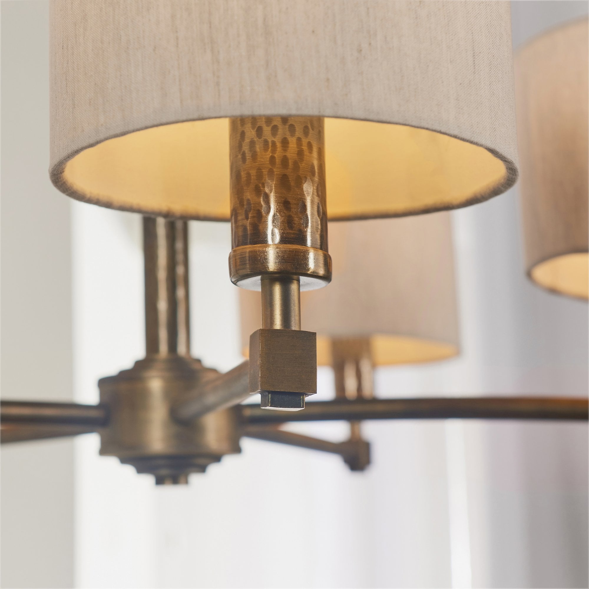 Endon Indara 5 Light Pendant - Hammered Bronze Plate & Neutral Linen Mix Fabric
