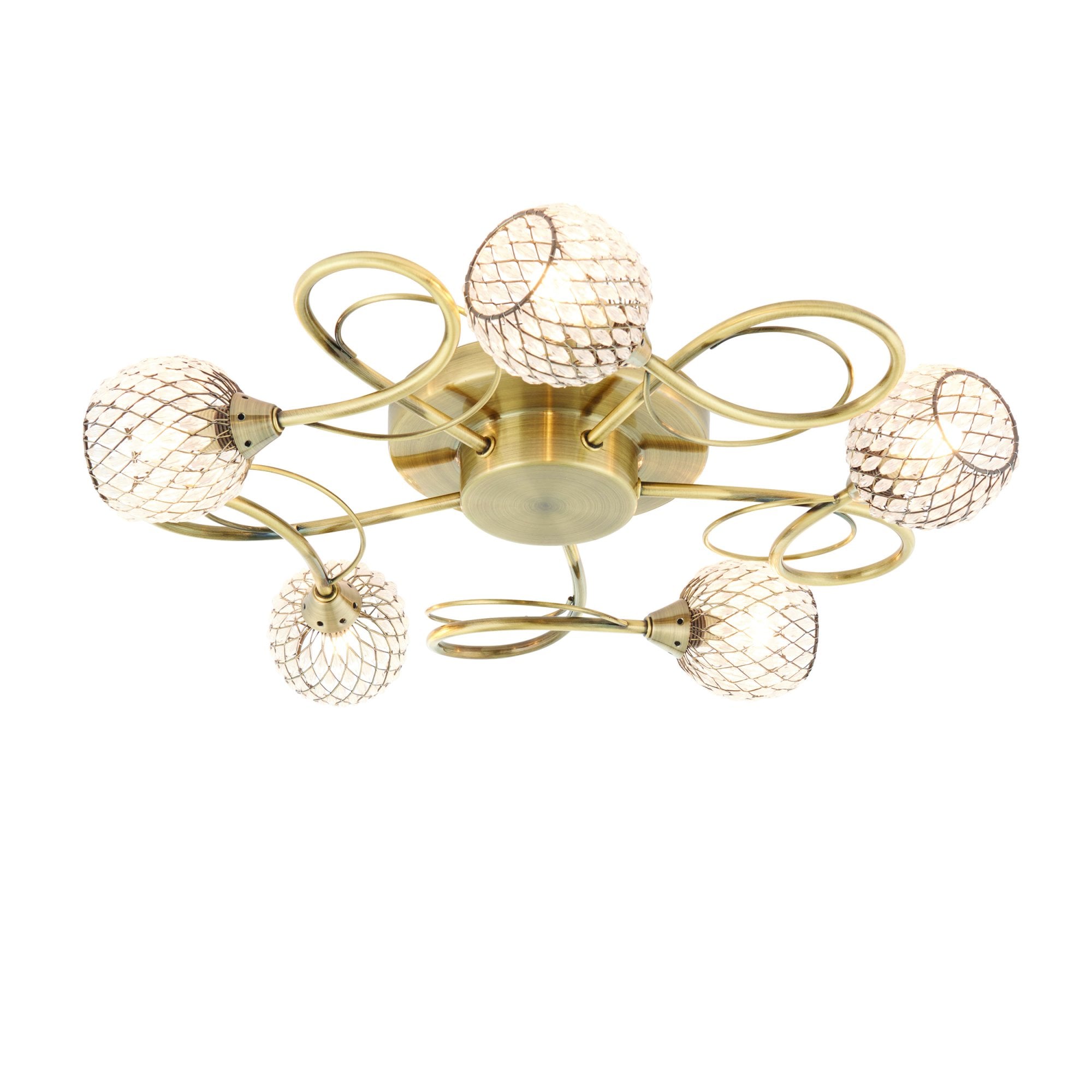 Endon Aherne 5 Light Semi Flush Fitting - Antique Brass Plate With Clear Glass & Brass Wire