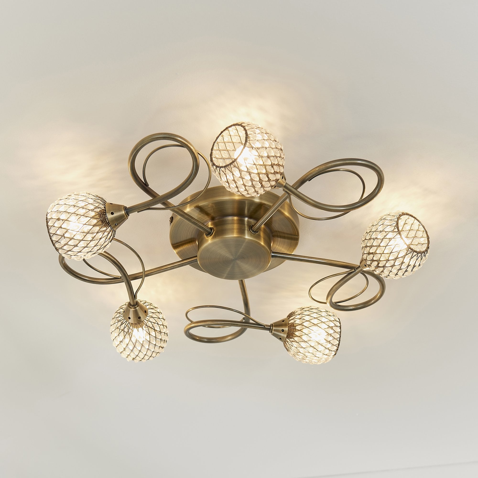 Endon Aherne 5 Light Semi Flush Fitting - Antique Brass Plate With Clear Glass & Brass Wire