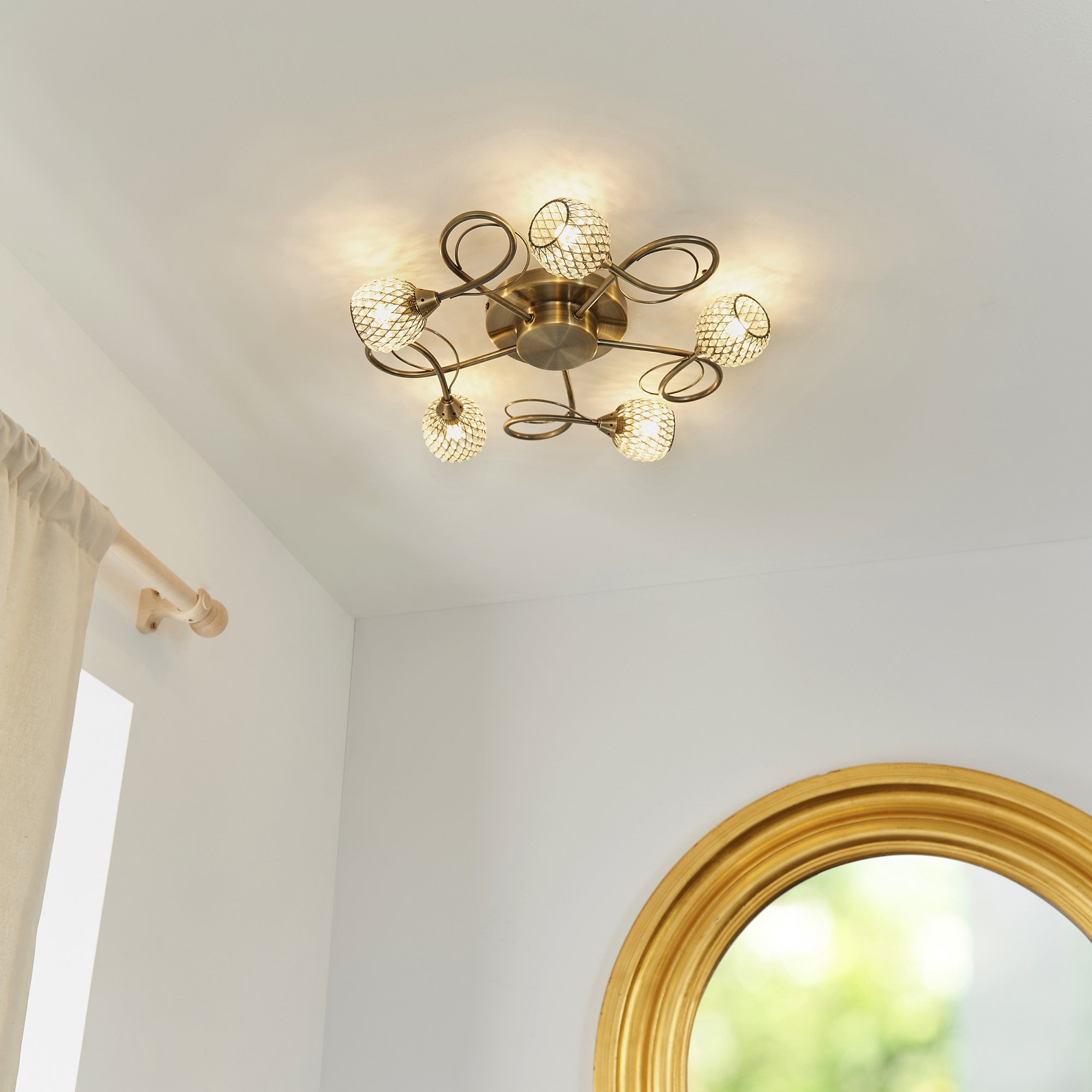 Endon Aherne 5 Light Semi Flush Fitting - Antique Brass Plate With Clear Glass & Brass Wire