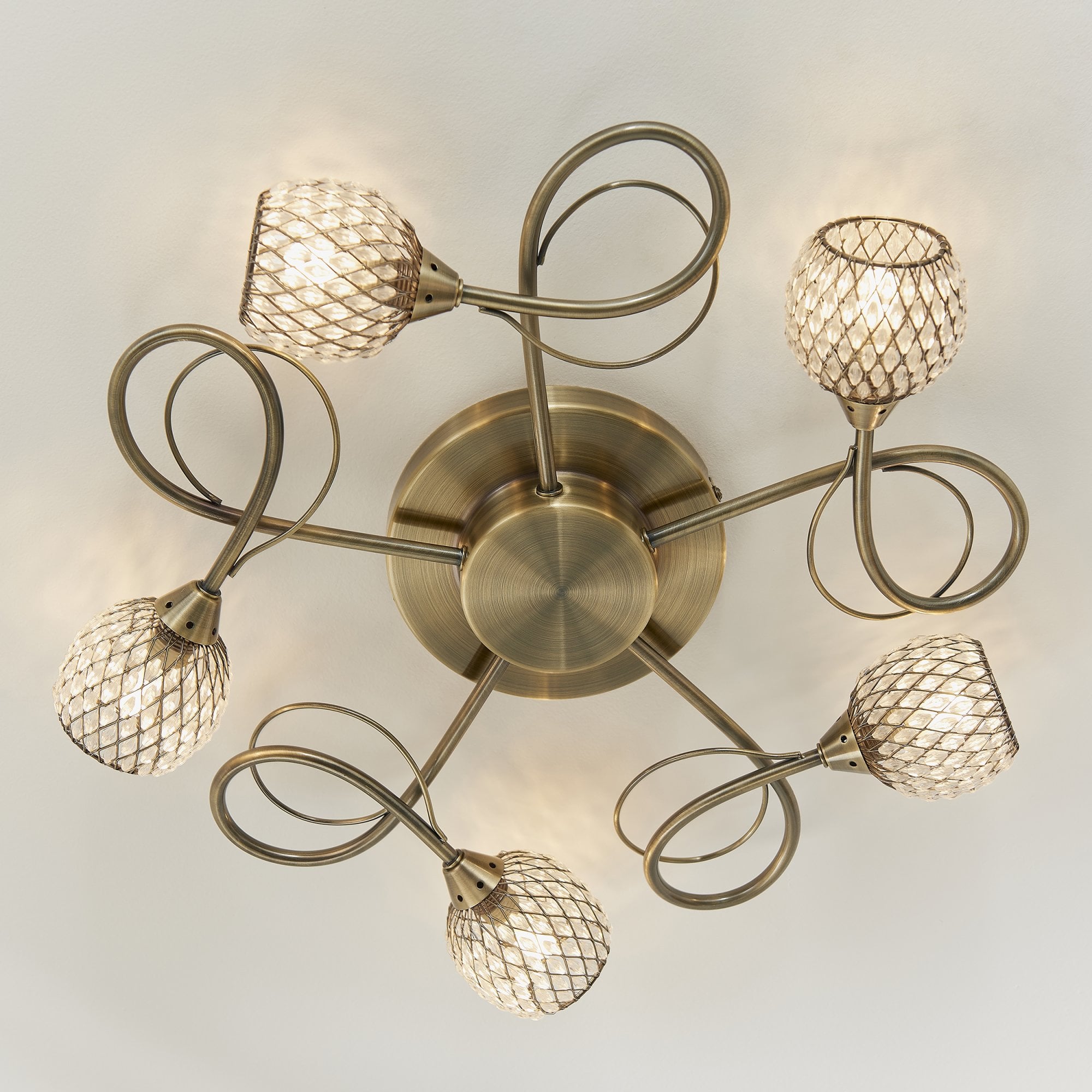 Endon Aherne 5 Light Semi Flush Fitting - Antique Brass Plate With Clear Glass & Brass Wire