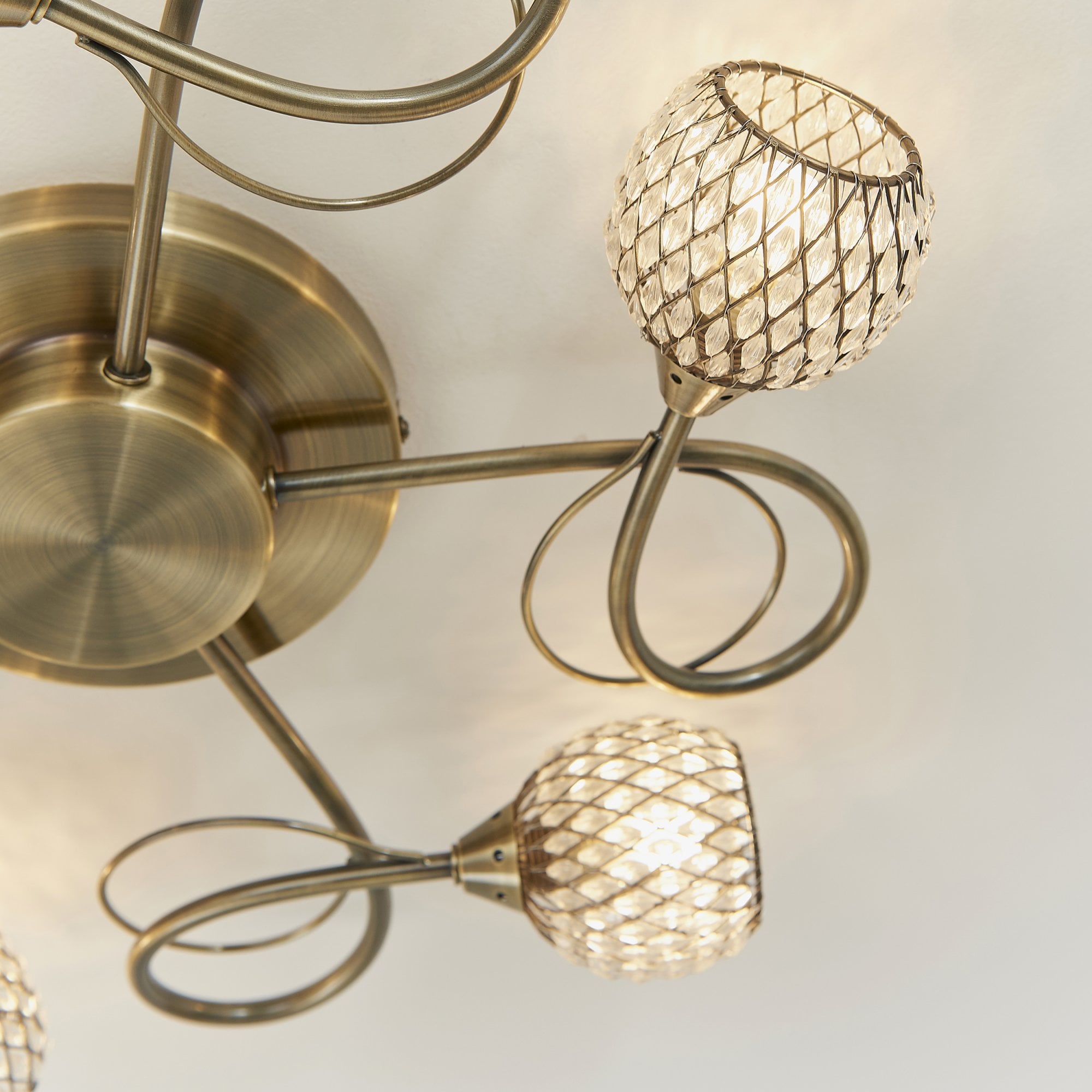 Endon Aherne 5 Light Semi Flush Fitting - Antique Brass Plate With Clear Glass & Brass Wire