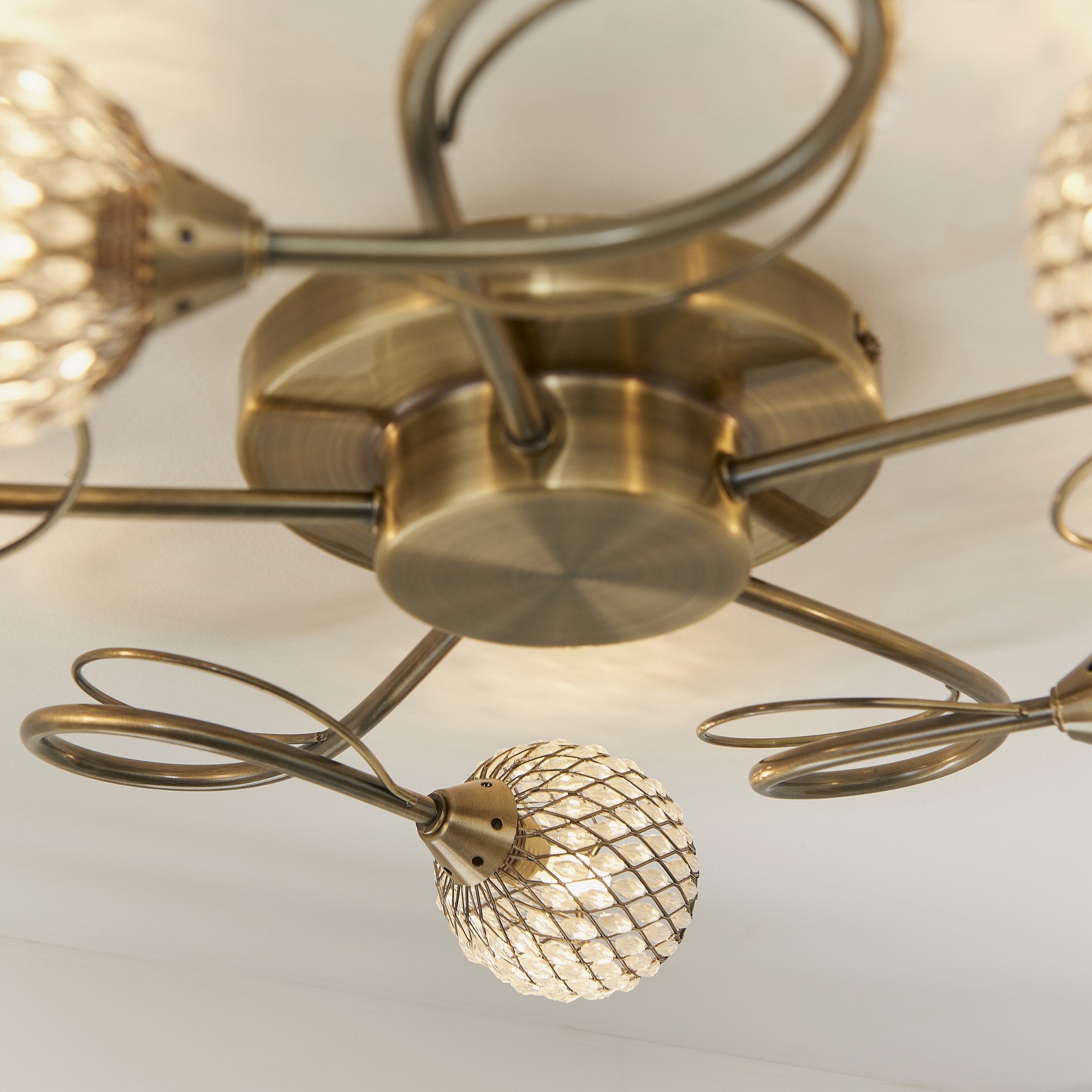 Endon Aherne 5 Light Semi Flush Fitting - Antique Brass Plate With Clear Glass & Brass Wire